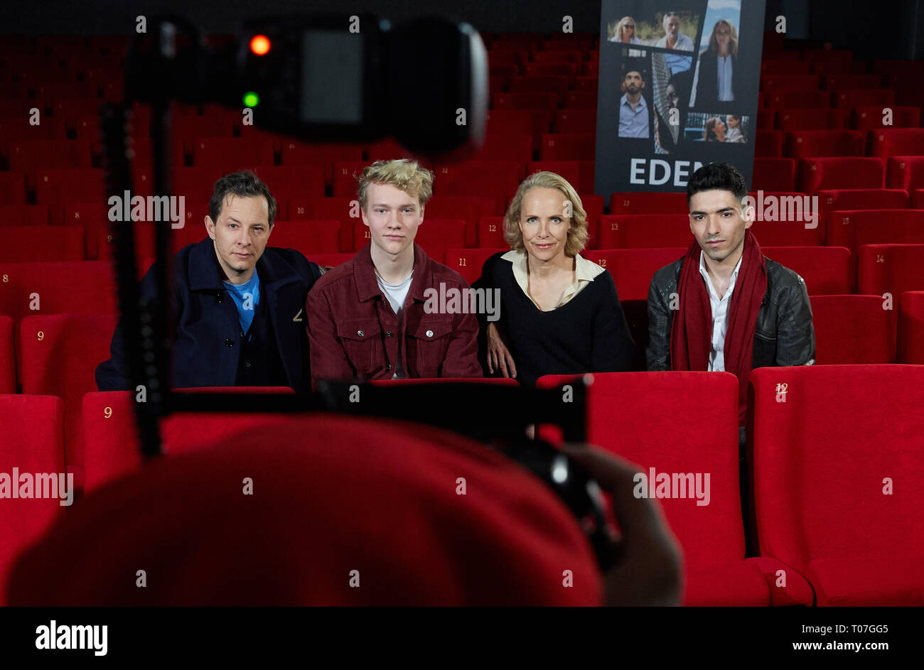 Hamburg, Germany. 18th Mar, 2019. The actors Trystan Pütter (l-r), Bruno Alexander, Juliane Köhler and Adnan Jafar sit in the Abaton cinema during a photo session for the German-French film project 'Eden'. The six-part is broadcast in May on arte and in the first. Credit: Georg Wendt/dpa/Alamy Live News Stock Photo