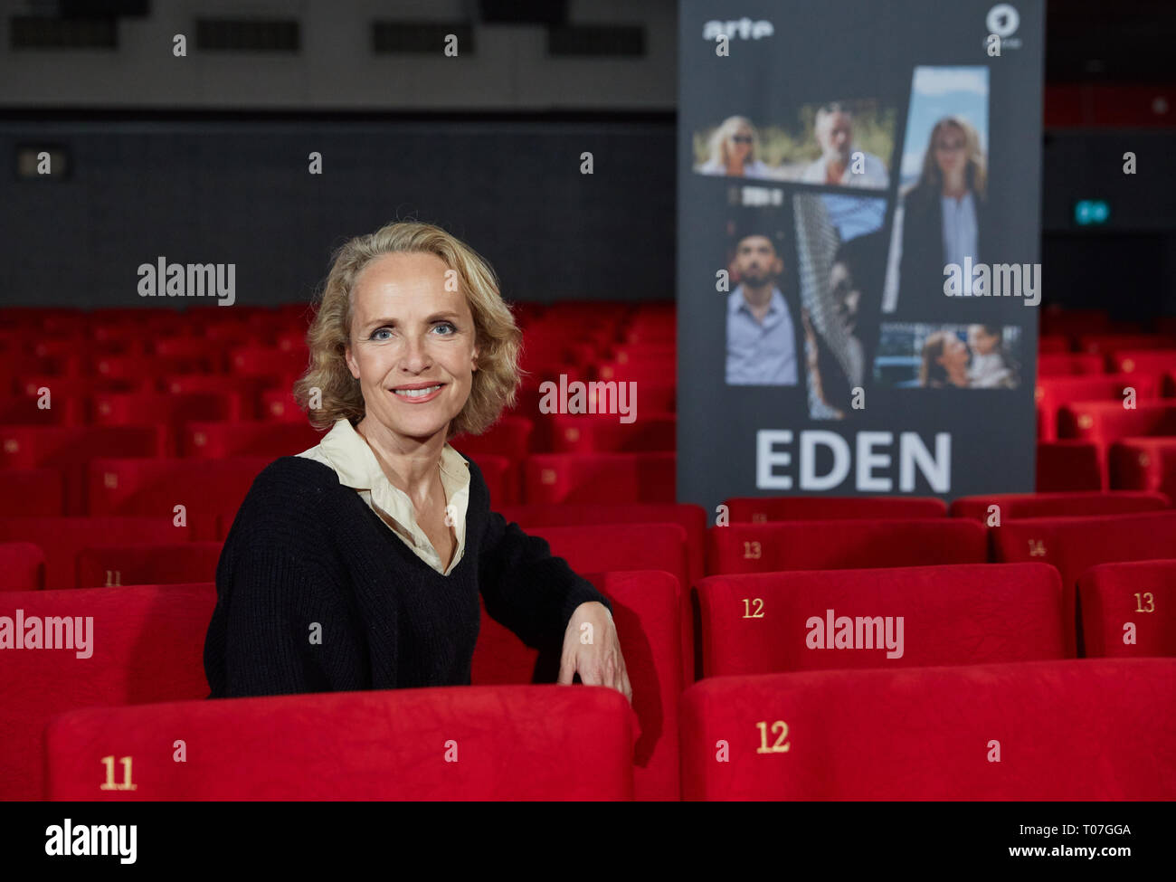 Hamburg, Germany. 18th Mar, 2019. Juliane Köhler, German actress, sits in the Abaton cinema during a photo session on the German-French film project 'Eden'. The six-part is broadcast in May on arte and in the first. Credit: Georg Wendt/dpa/Alamy Live News Stock Photo