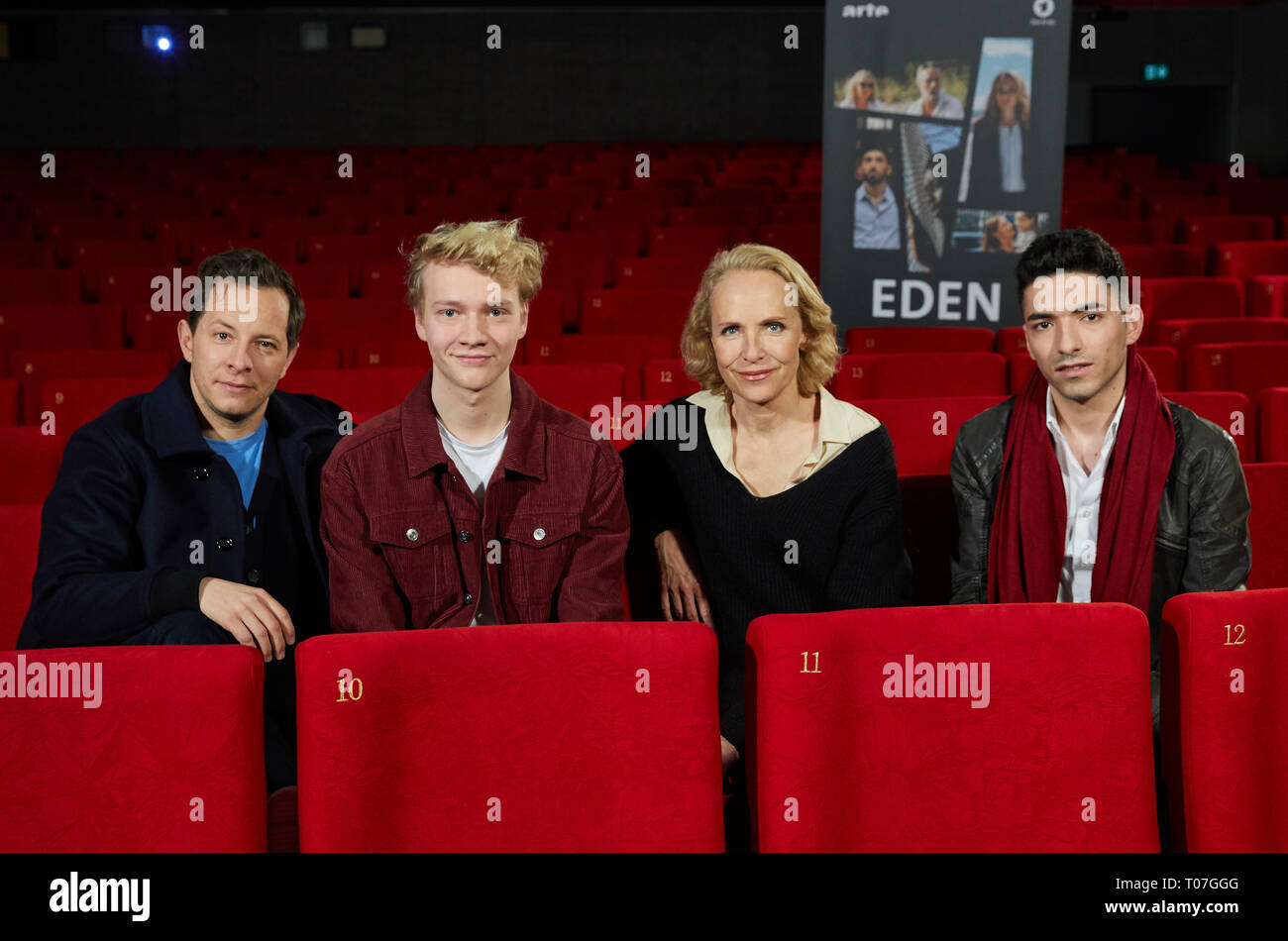 Hamburg, Germany. 18th Mar, 2019. The actors Trystan Pütter (l-r), Bruno Alexander, Juliane Köhler and Adnan Jafar sit in the Abaton cinema during a photo session for the German-French film project 'Eden'. The six-part is broadcast in May on arte and in the first. Credit: Georg Wendt/dpa/Alamy Live News Stock Photo