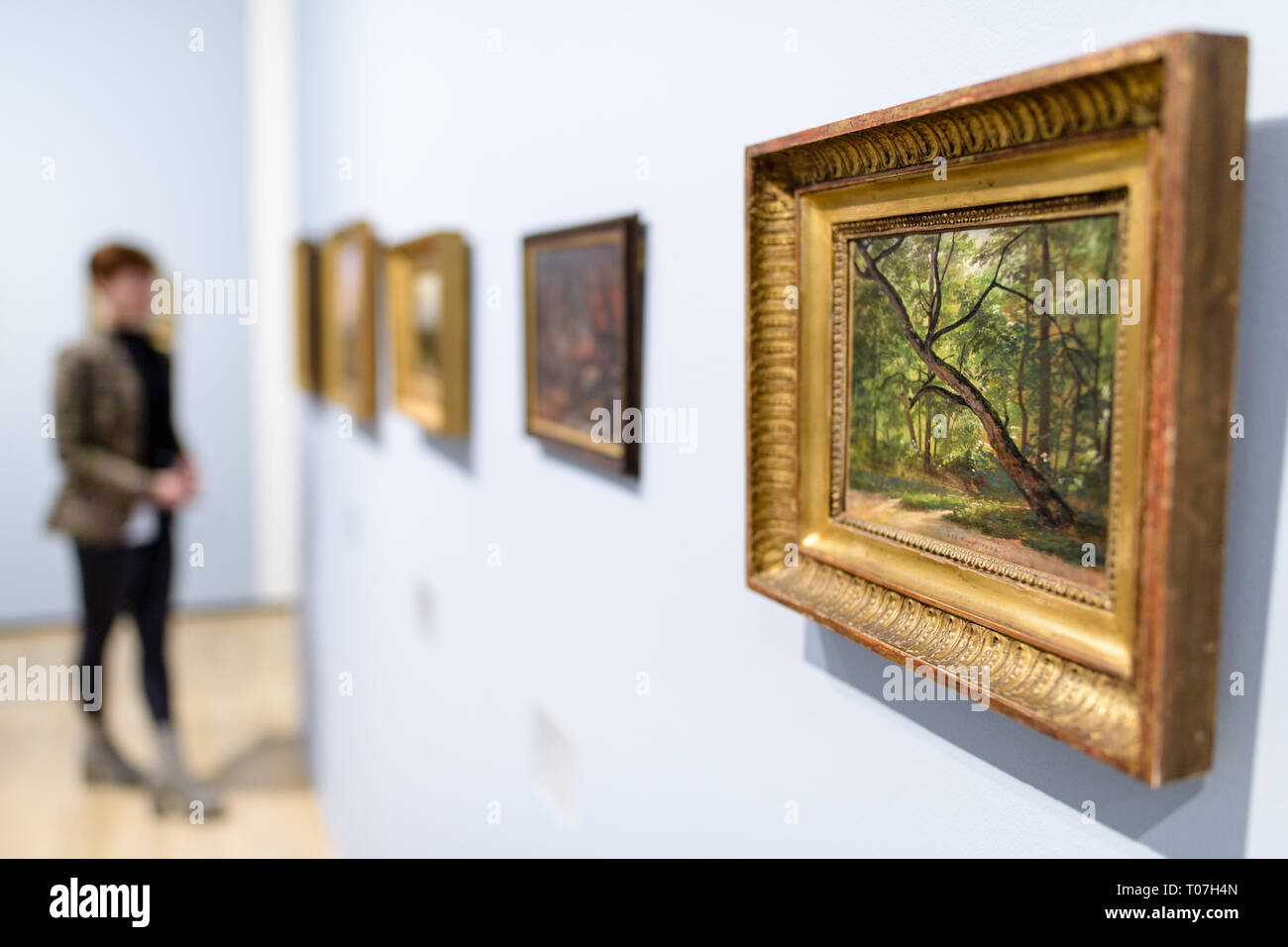 18 March 2019, Bavaria, München: The painting "Partie im großen Garten bei Dresden" by Johan Christian Dahl from 1822 can be seen in the exhibition "Natur als Kunst - Landschaft im 19. Jahrhundert in Malerei und Fotografie" at the Städtische Galerie im Lenbachhaus. The works from the collections of the Christoph Heilmann Foundation and the Munich City Museum will be on display in the exhibition from 19.03. to 18.08.2019. Photo: Matthias Balk/dpa Stock Photo