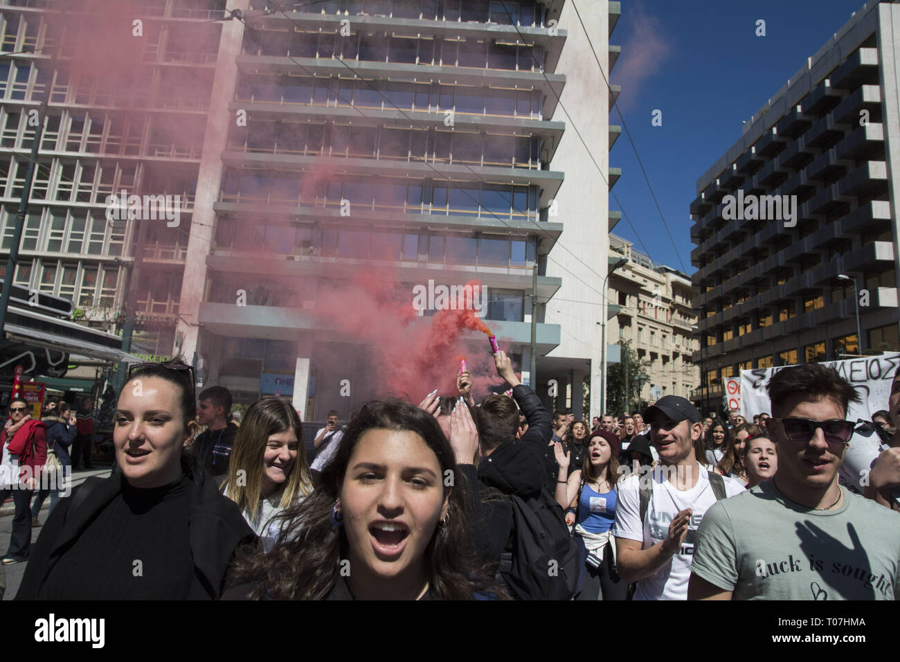 Athens, Greece. 18th Mar, 2019. Students rally holding banners and shout slogans against the government. A few thousands high school students took to the streets to demonstrate against upcoming reforms in education, which they claim will drive them to seek for paid supplementary education putting an additional financial burden to their parents. Credit: Nikolas Georgiou/ZUMA Wire/Alamy Live News Stock Photo