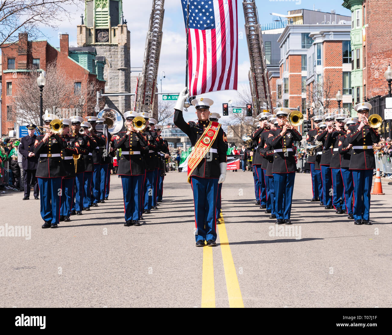 US Marine Corps Marching Band standing in formation under the American