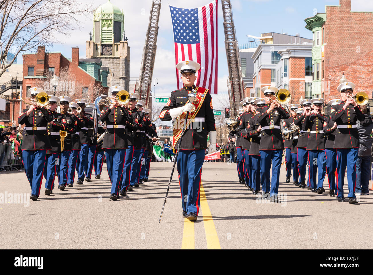 US Marine Corps Marching Band at the South Boston Saint Patrick's Day Parade. Stock Photo