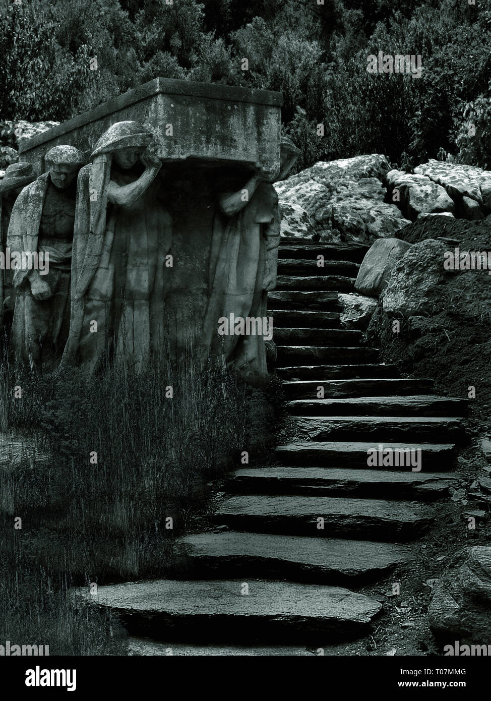 a scary dark graveyard 3D ILLUSTRATION with statues holding a box and stone stairs in the