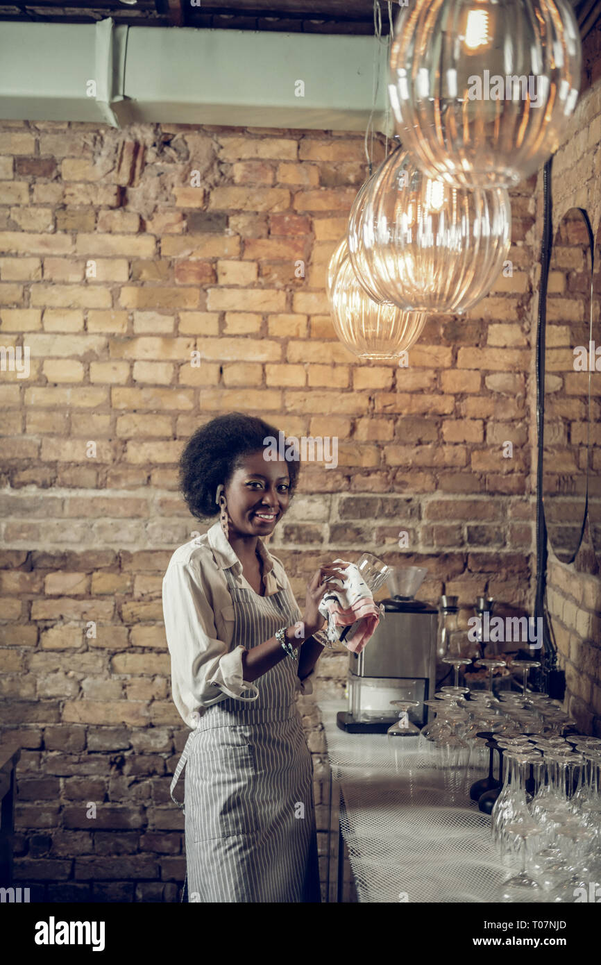 Goodlooking AfricanAmerican bar worker engaging in glasses polishing at bar Stock Photo Alamy
