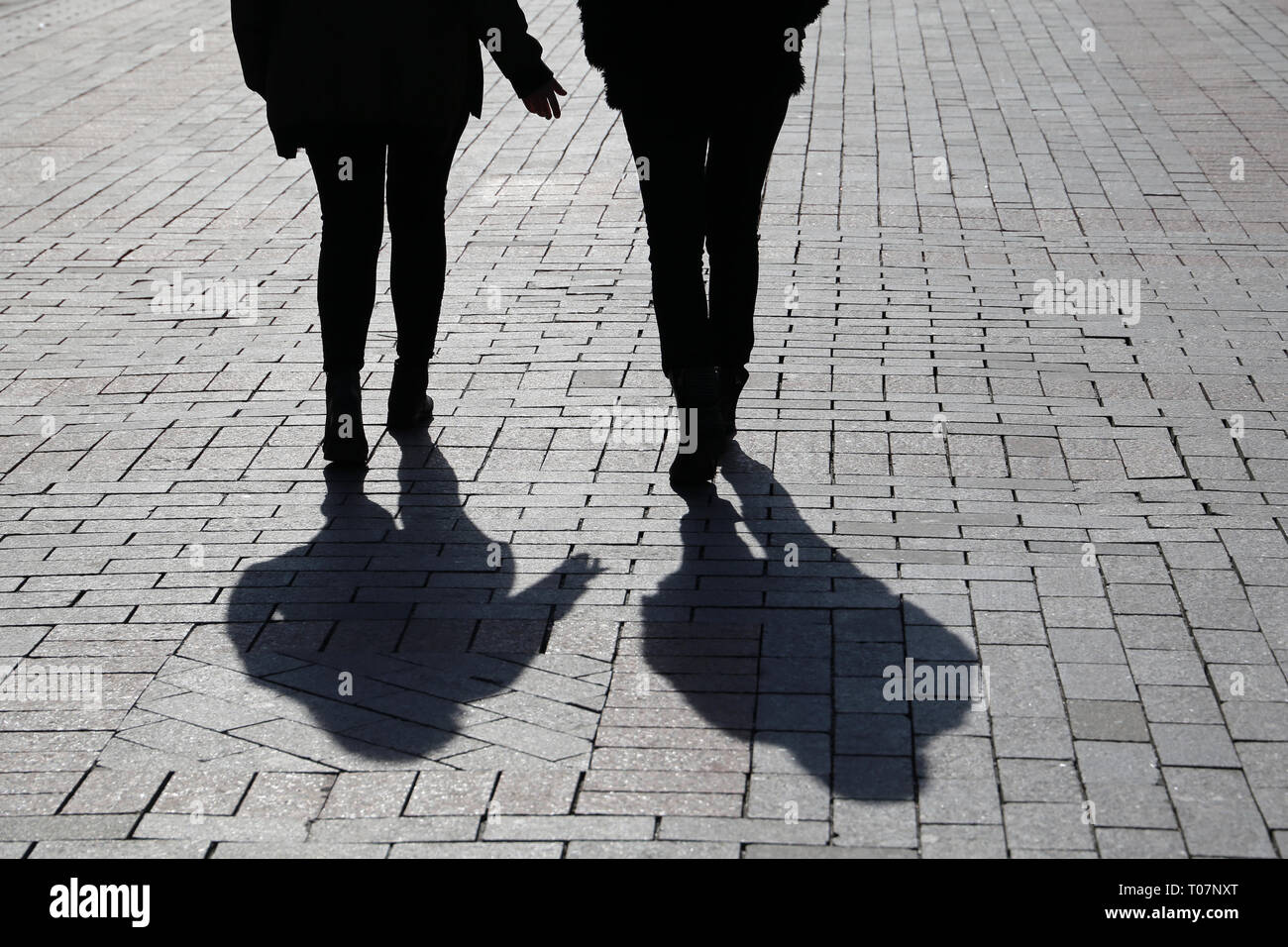 Silhouettes and shadows of two women walking down the street. Concept of arguing girls, female friendship, emotional discussion, gesture, gossip Stock Photo