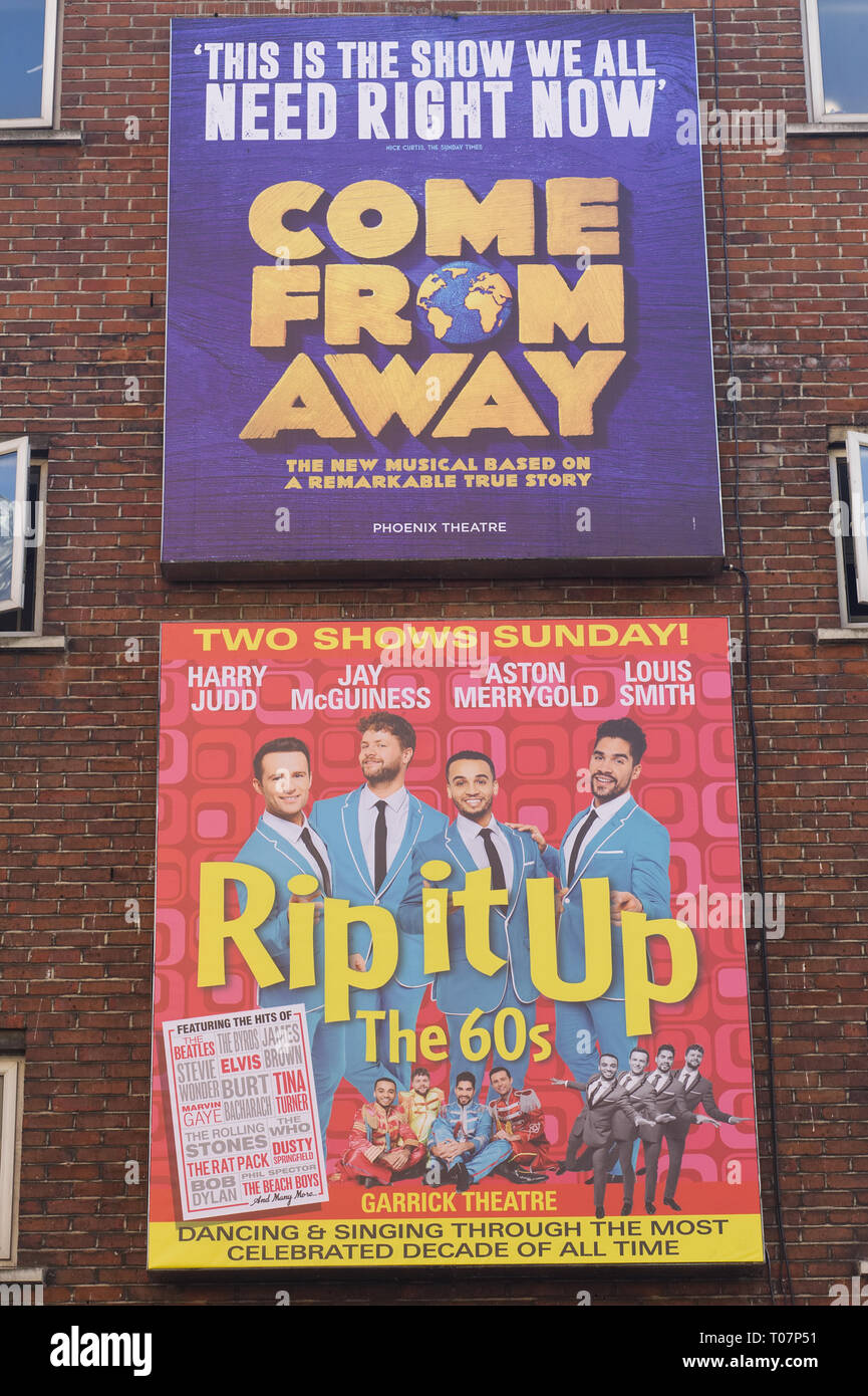 posters advertising the Musicals Come from away and Rip it up the 60's Stock Photo