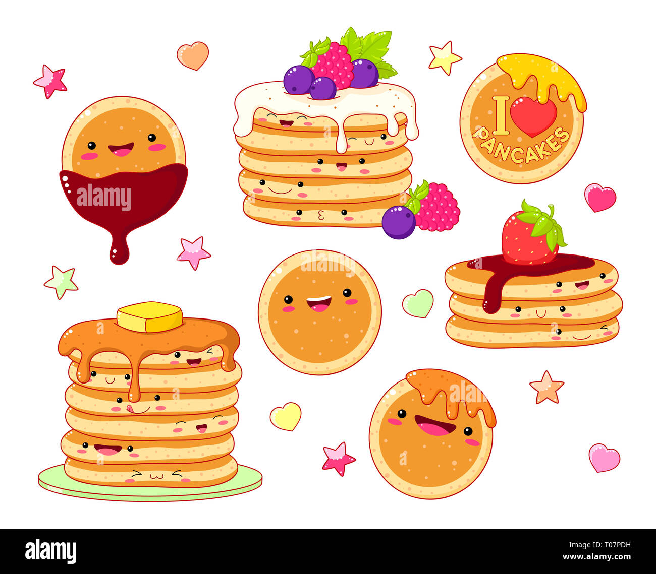 Set of cute pancake icons in kawaii style with smiling face and pink