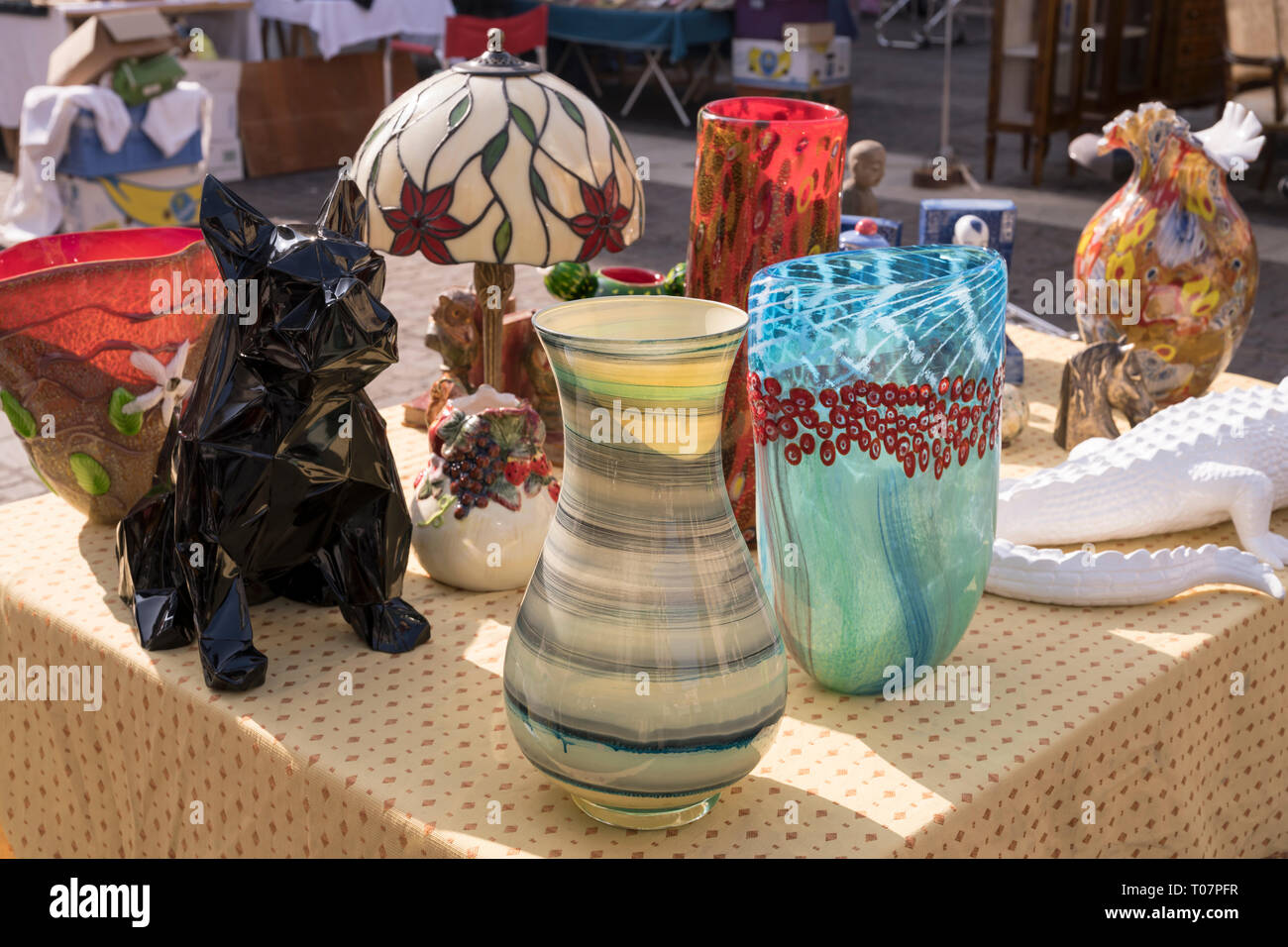Detail Of Glass Vintage Vases On Sale At Street Market Shot In