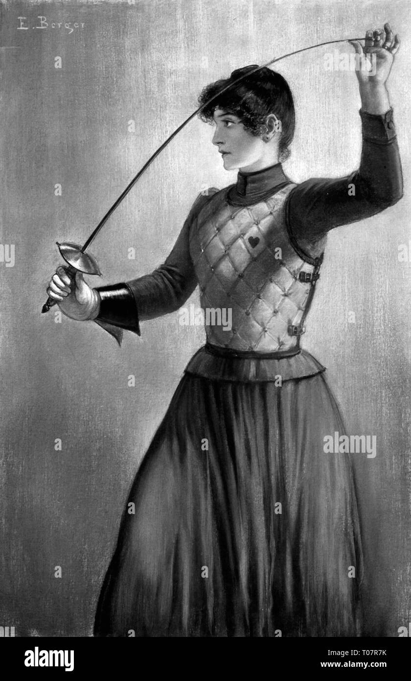 sports, fencing, young woman with foil, painting, by Ernst Berger (1857 - 1919), 19th century, Artist's Copyright has not to be cleared Stock Photo