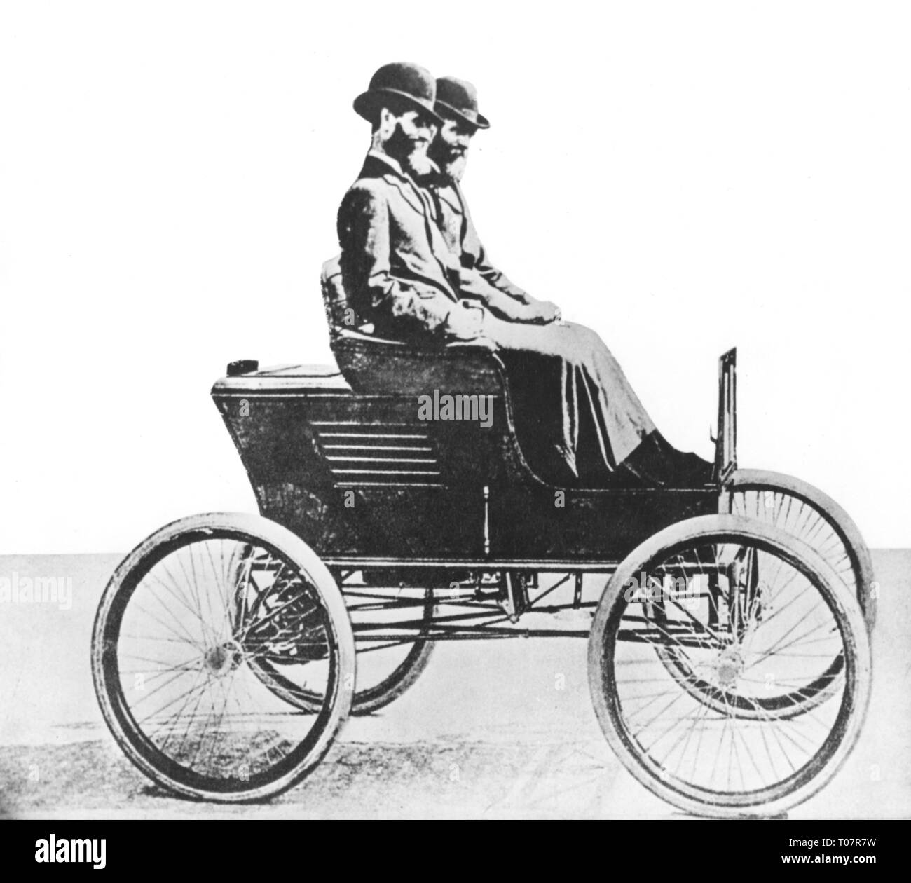 transport / transportation, car, vehicle variants, Stanley Steamer, view from right, the brothers Freelan O. Stanley and Francis E. Stanley in their first steam car, 1897, Additional-Rights-Clearance-Info-Not-Available Stock Photo