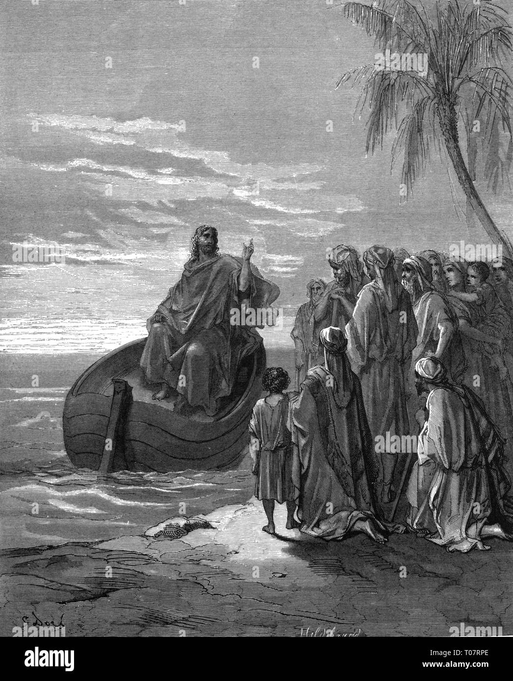 religion, Christianity, Jesus Christ, scenes of his life, Jesus preaching on the Sea of Galilee, wood engraving by Gustav Dore (1832 - 1883), Tours, 1866, Artist's Copyright has not to be cleared Stock Photo
