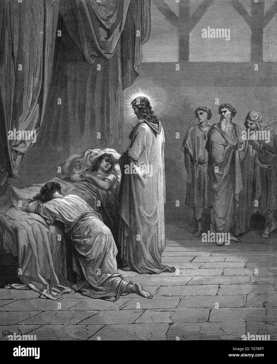 religion, Christianity, Jesus Christ, scenes of his life, raising the daughter the Jairus, wood engraving by Gustav Dore (1832 - 1883), Tours, 1866, Artist's Copyright has not to be cleared Stock Photo