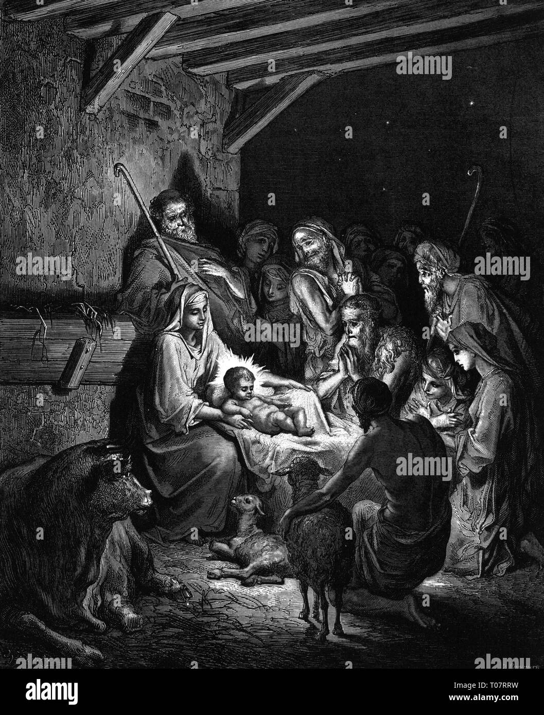 religion, Christianity, Jesus Christ, nativity, nativity of Jesus, wood engraving by Gustav Dore (1832 - 1883), Tours, 1866, Artist's Copyright has not to be cleared Stock Photo