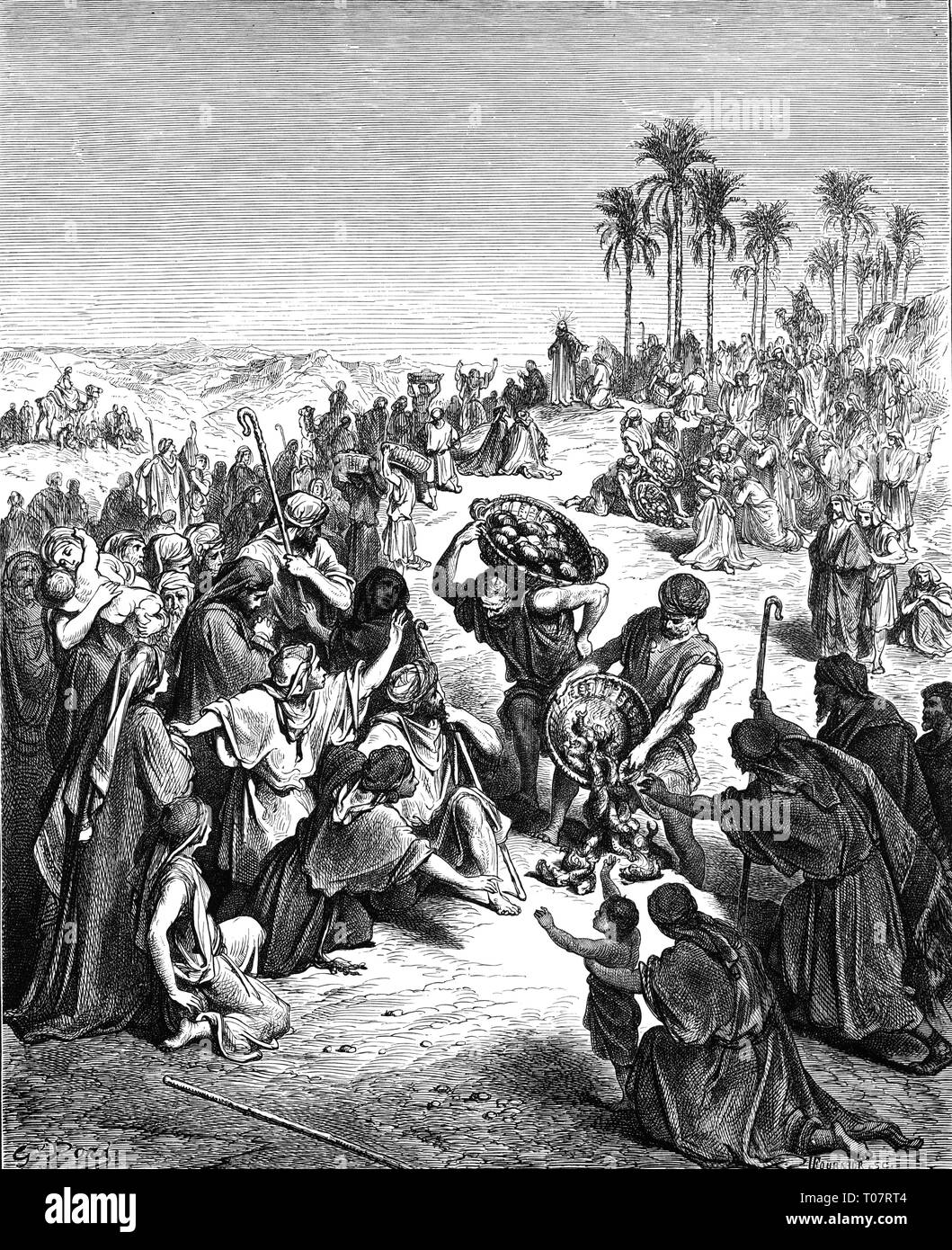 religion, Christianity, Jesus Christ, scenes of his life, feeding of the four thousand, wood engraving by Gustav Dore (1832 - 1883), Tours, 1866, graphic, graphics, New Testament, Messiah, Saviour, Redeemer, half-length, half length, crowds, crowds of people, crowd, disciple, follower, disciples, followers, apostle, apostles, carrying, carry, bread basket, breadbasket, bread baskets, breadbaskets, basket, baskets, bread, breads, fish, feeding, feed, supplying, supply, miracle, miracles, wonder, wonders, 4000, five thousand, 5000, multiplication of the , Artist's Copyright has not to be cleared Stock Photo