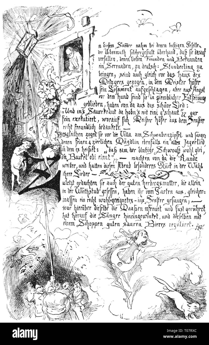 writing, script, latin cursive handwriting, Serenade, pen drawing by  Ferdinand Barth, from the artist chronicles of Frauenchiemsee, wood  engraving, 1888, Artist's Copyright has not to be cleared Stock Photo -  Alamy