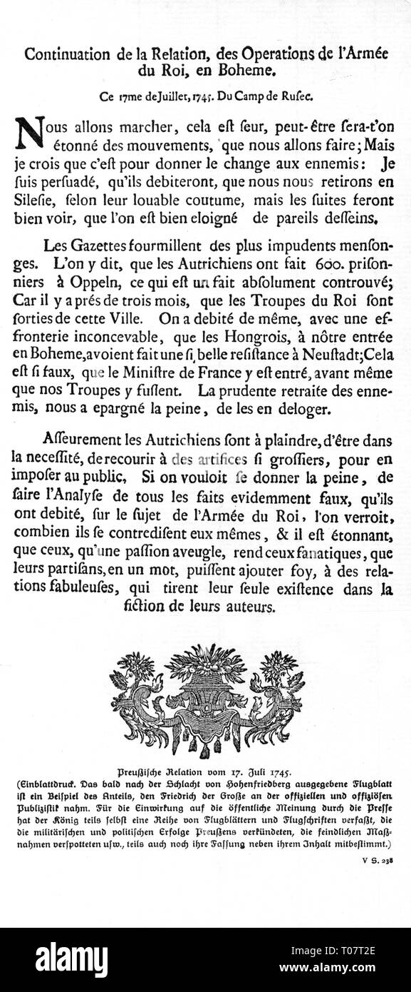 press / media, magazines, 'Continuation de la Relation, des Operations de l'Armee, du Roi, en Boheme' (Continuation of the report on the operations of the King's army in Bohemia), flyer, camp near Rusec, 17.7.1745, Additional-Rights-Clearance-Info-Not-Available Stock Photo