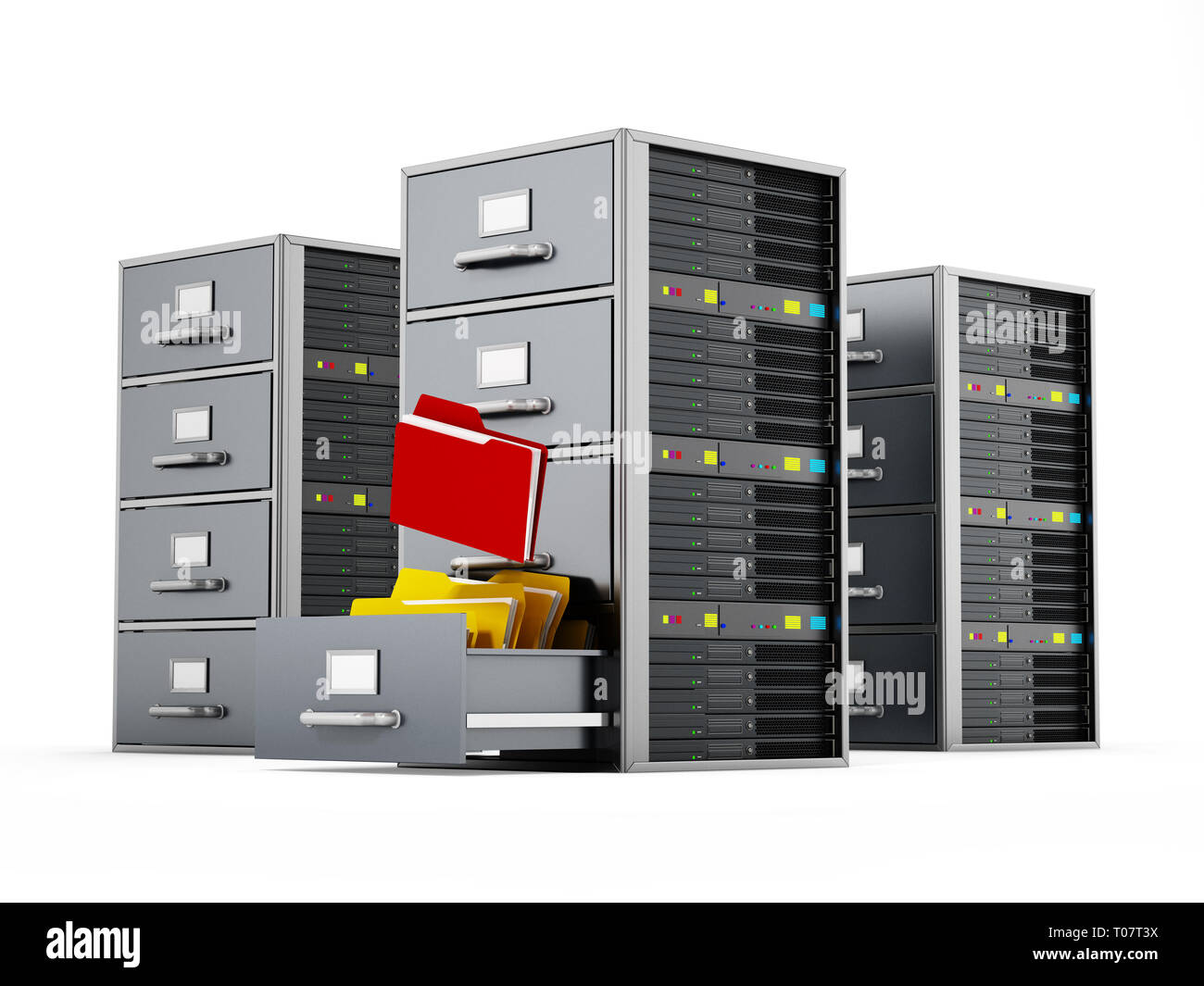 File cabinet combined with network server. 3D illustration. Stock Photo