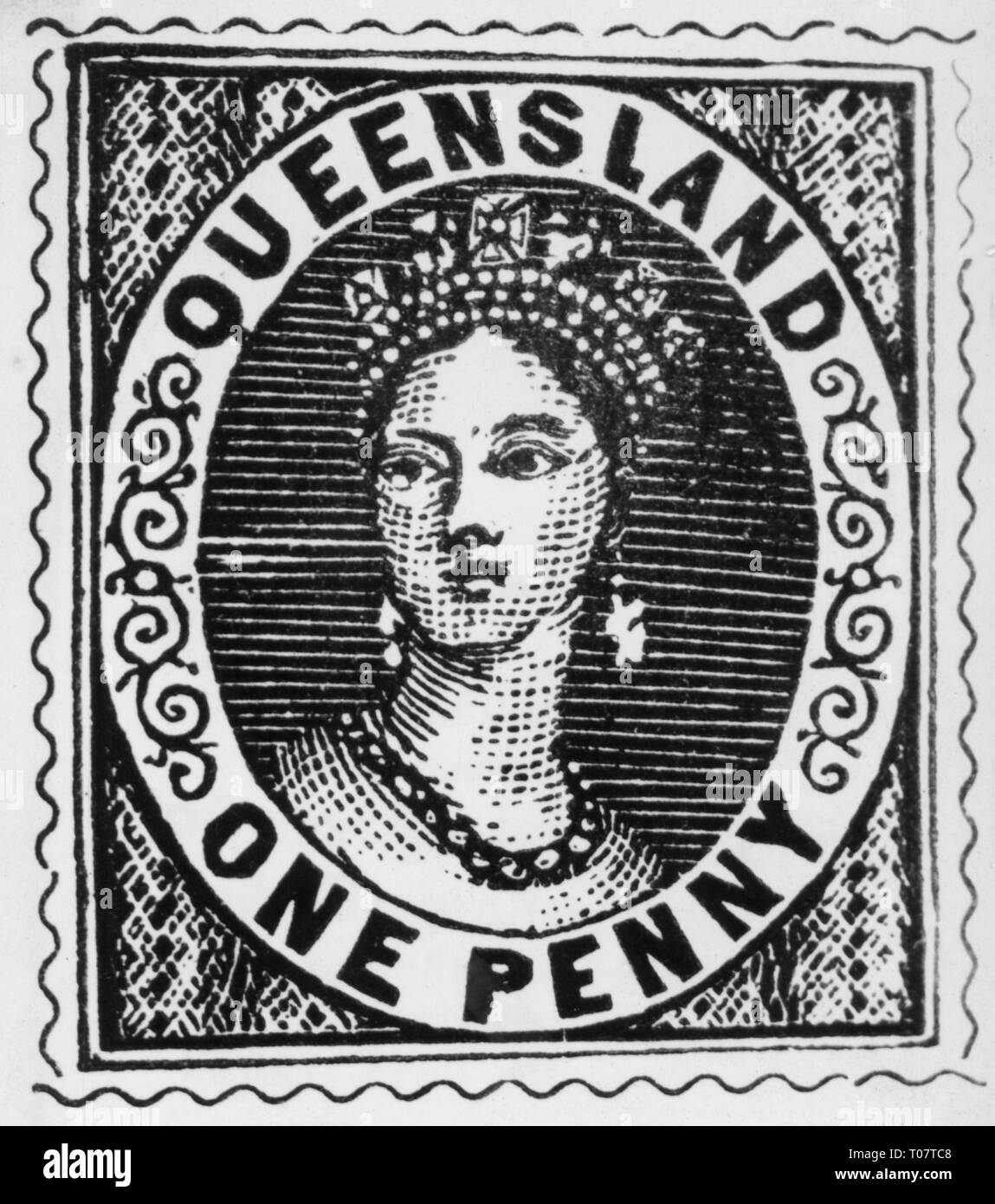 money / finances, taxes, revenue stamp, one penny, Queensland, Australia, 1860, Additional-Rights-Clearance-Info-Not-Available Stock Photo