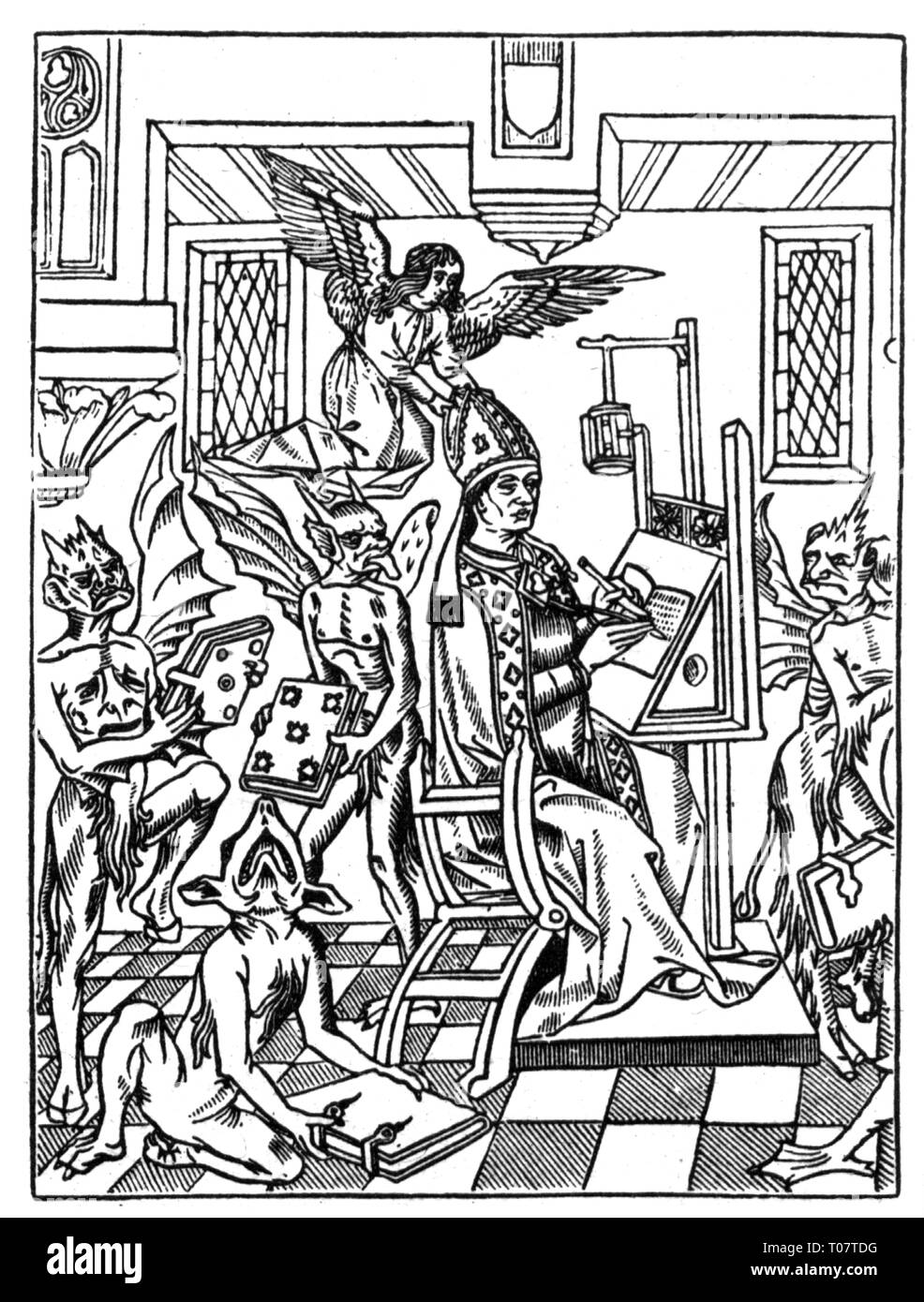 religion, Christianity, allegories, the orthodox church surrounded by the false doctrines of the heretics, woodcut, from: 'Livre des persecutions', France, 15th century, Additional-Rights-Clearance-Info-Not-Available Stock Photo