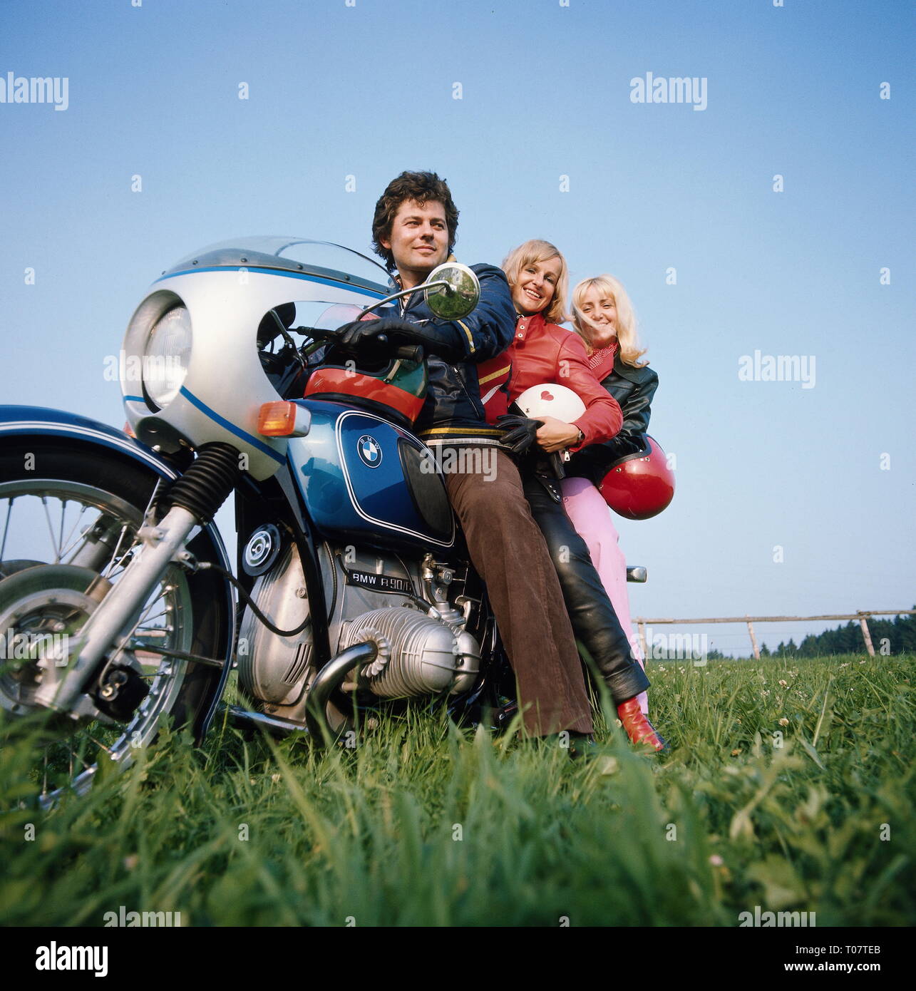 people, teenager, three young people on a motorcycle, 1970s, Additional-Rights-Clearance-Info-Not-Available Stock Photo
