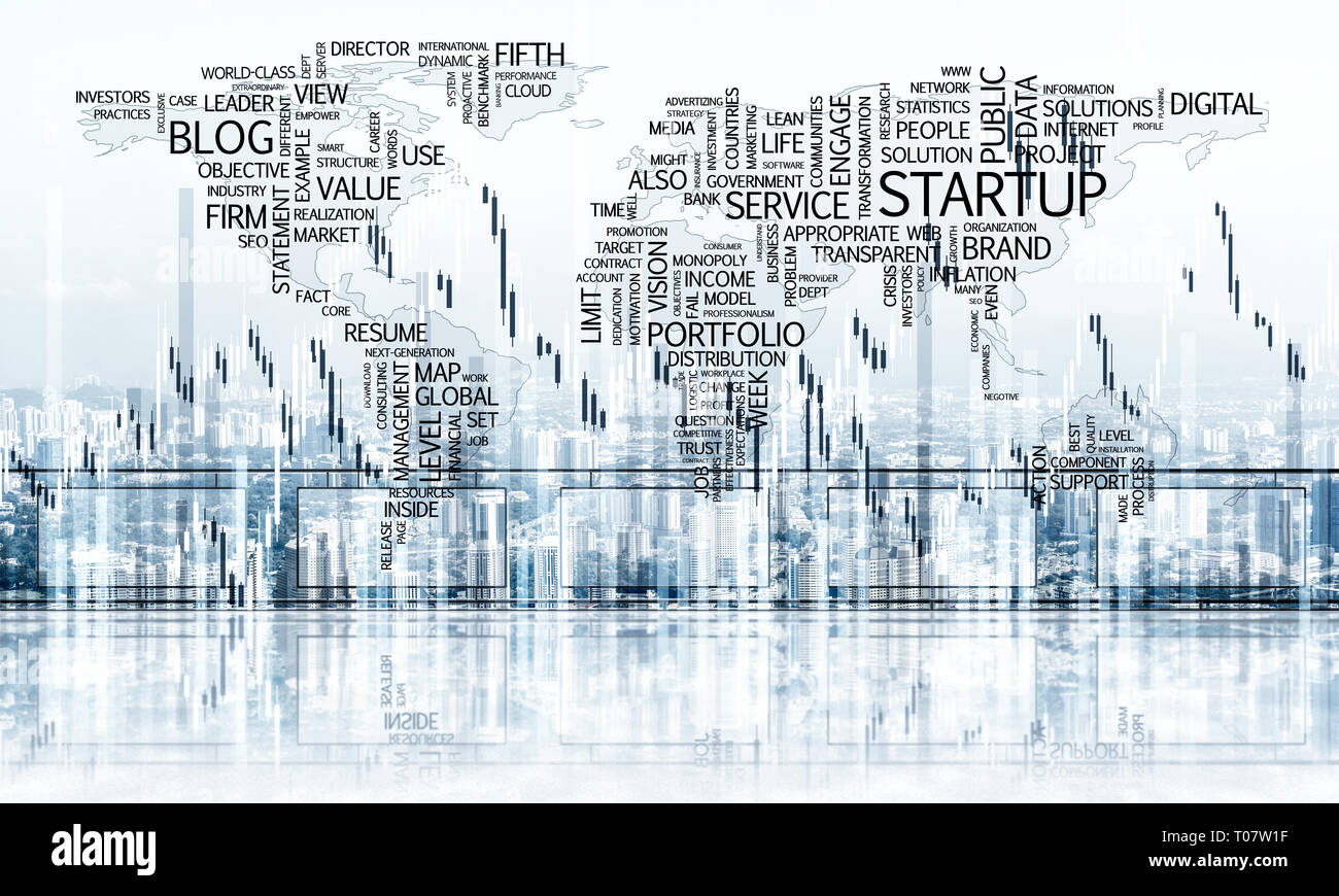 Concept of global communication - Concept Of Global Communication And Networking With World Map Over Cityscape T07W1F 