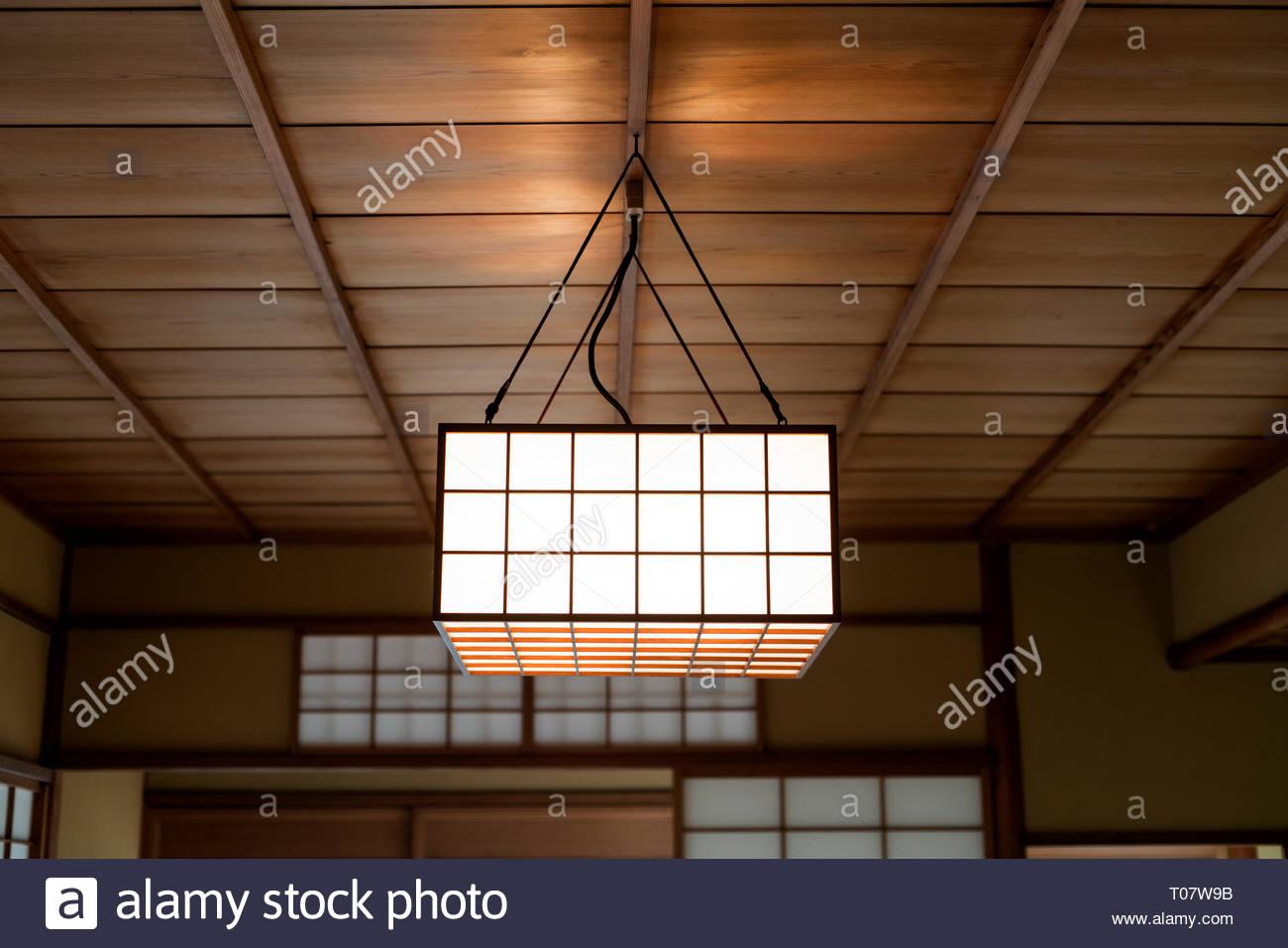 Ceiling With Light In A Traditional Japanese Garden Teahouse Stock