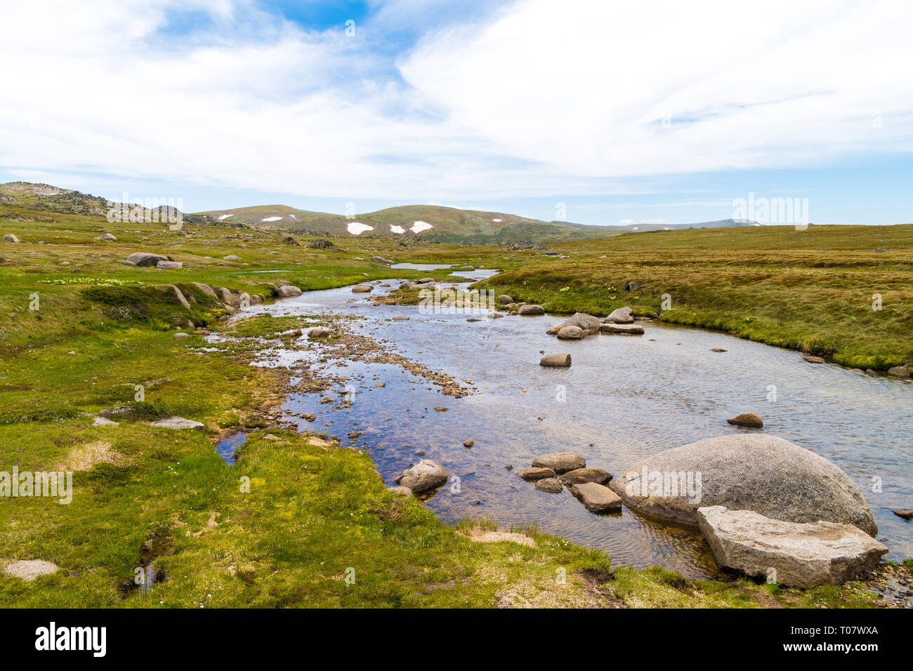 View over Snowy River in Kosciuszko National Park, NSW, Australia. Nature background with plants and vegetation. Stock Photo