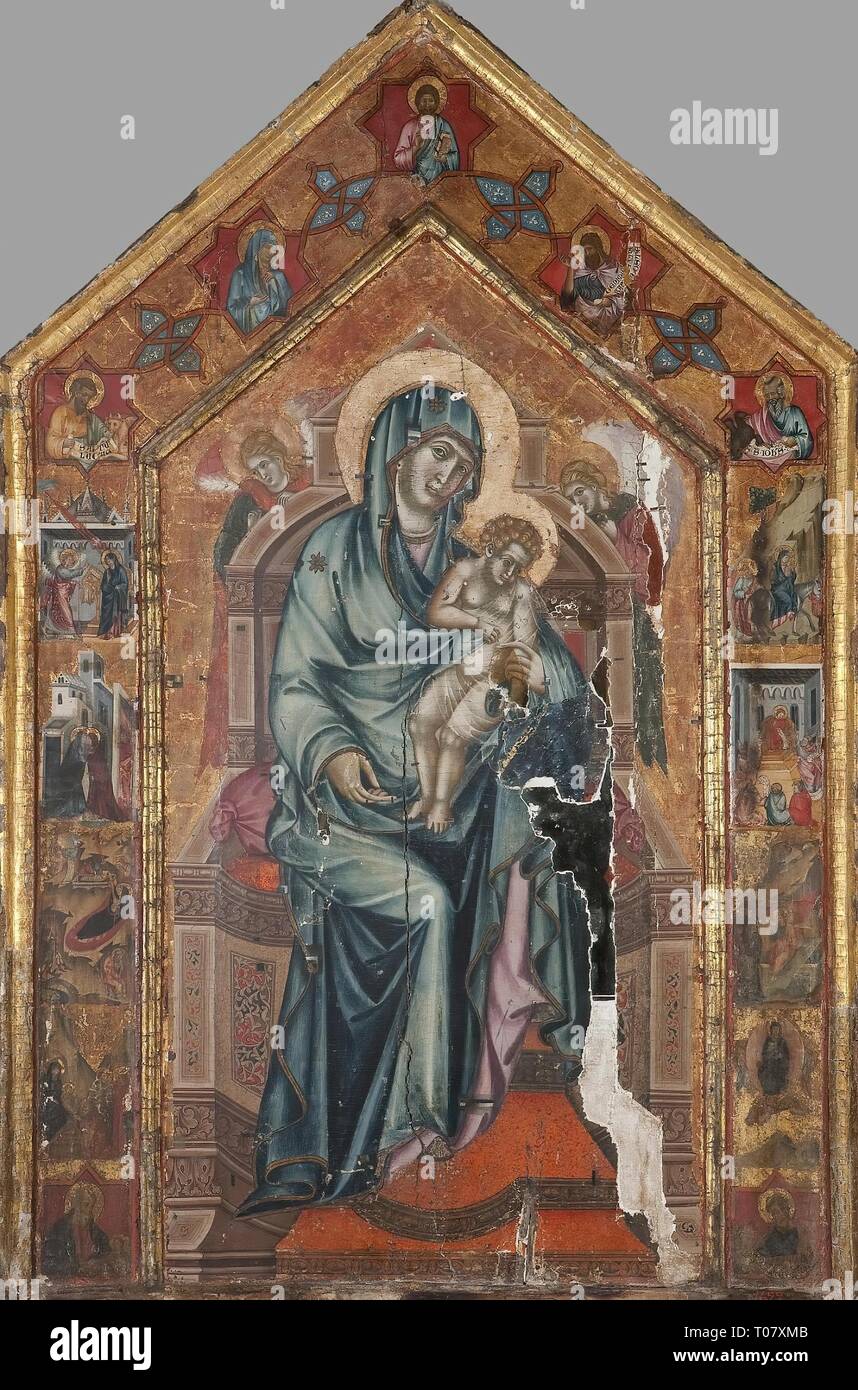 'Madonna with Child Enthroned with Angels. Scenes from the Lives of Madonna and Christ'. Italy, Early 14th century. Dimensions: 193x120 cm. Museum: State Hermitage, St. Petersburg. Author: Unknown artist of the Siena School, early 14th century. Stock Photo