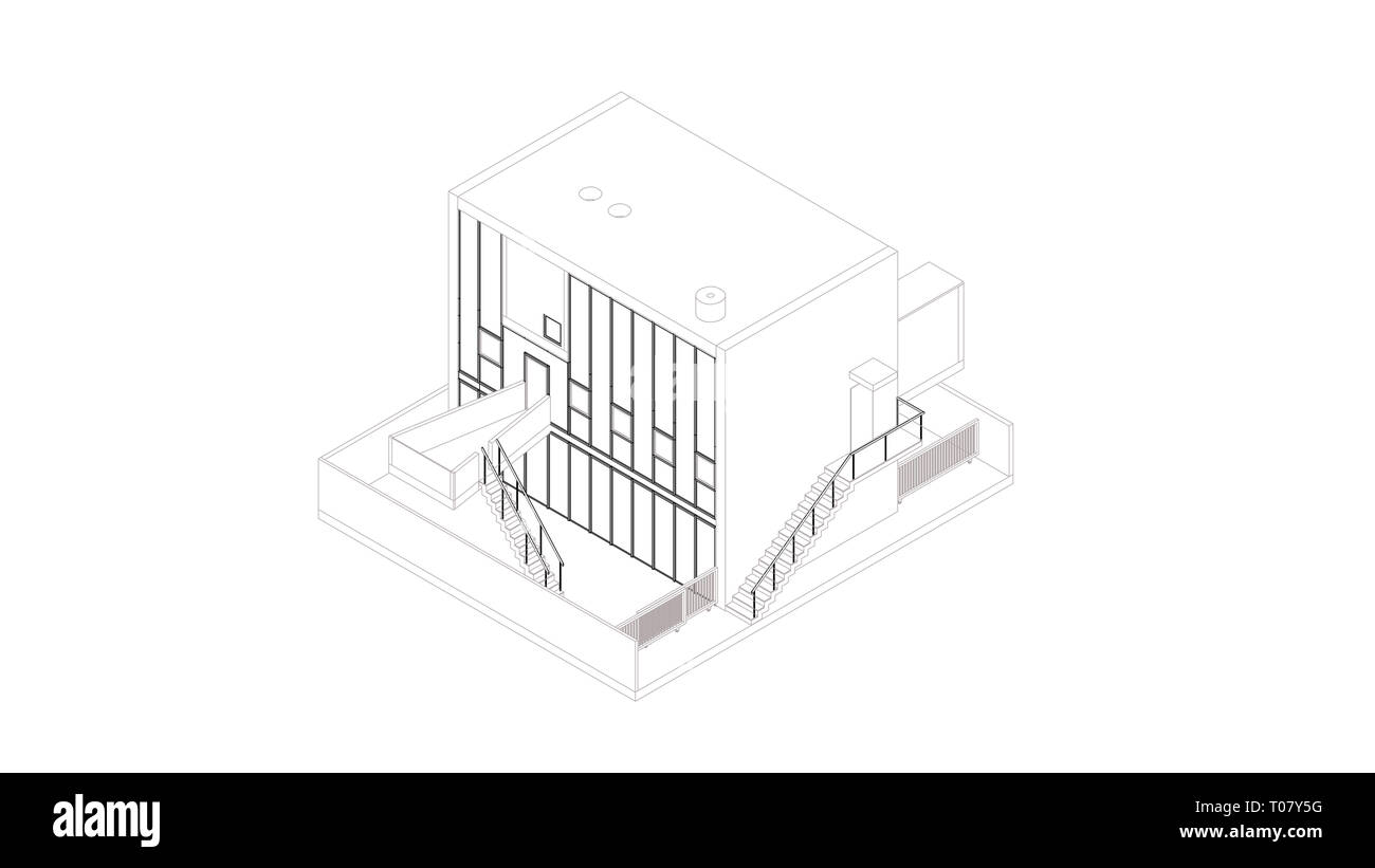 Abstract wireframe perspective of 3D building. Rendering of