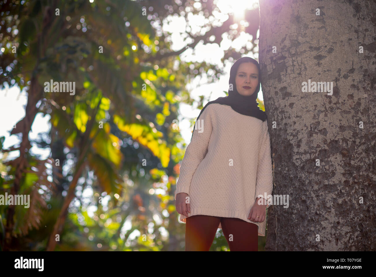 portraits to very pretty model posing in park, muslim women are very beautiful. Stock Photo