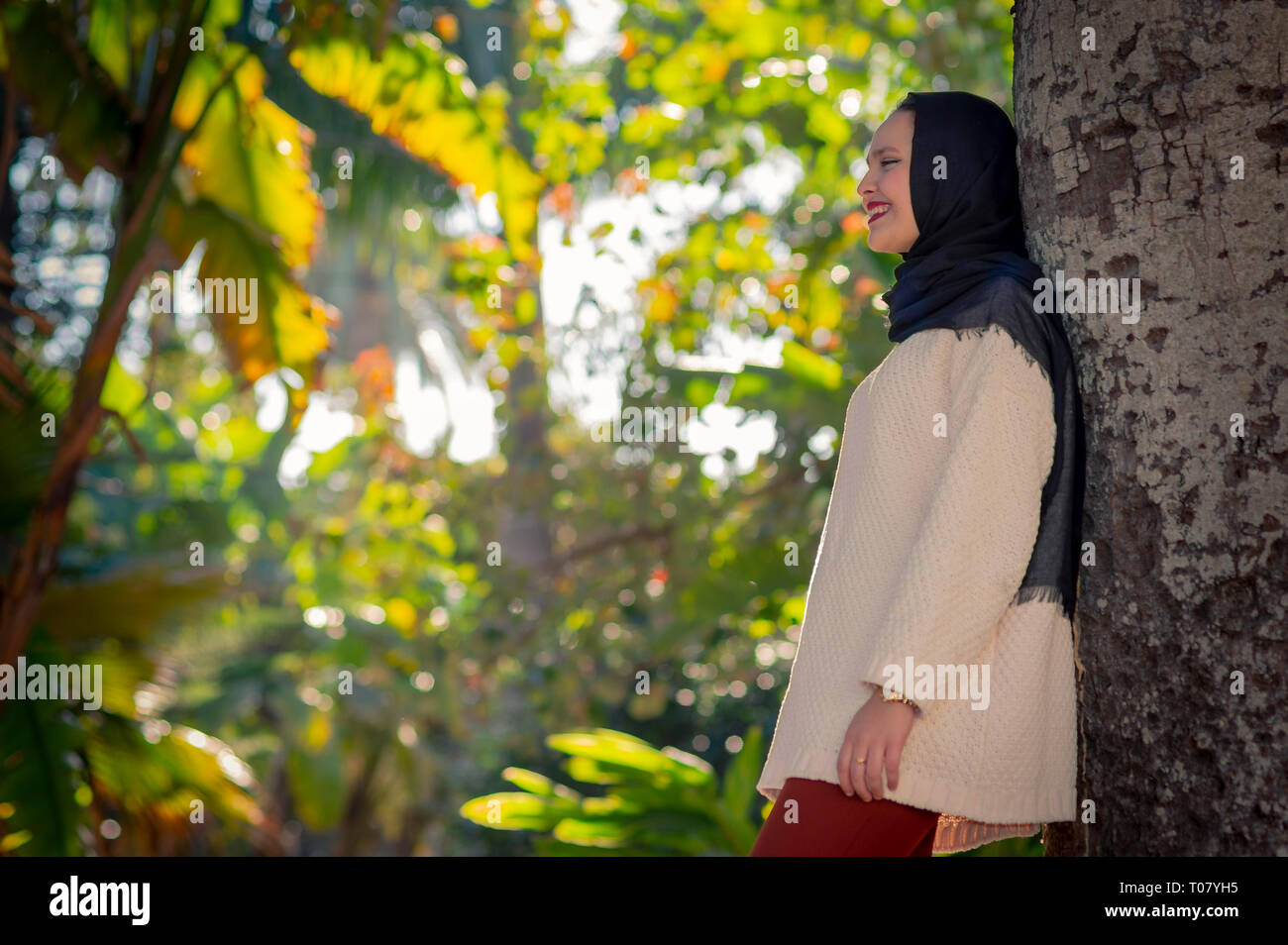 portraits to very pretty model posing in park, muslim women are very beautiful. Stock Photo