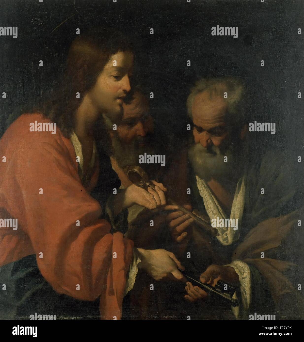 'Christ Giving the Keys to St Peter'. Italy. Dimensions: 112x105 cm. Museum: State Hermitage, St. Petersburg. Author: Strozzi, Bernardo (Il Cappuccino, Il Prete Genovese) (workshop). Stock Photo
