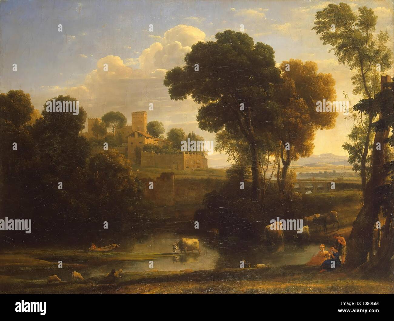 'Italian Landscape'. France, 1648. Dimensions: 75x100 xm. Museum: State Hermitage, St. Petersburg. Author: Gellée, Claude, dit Le Lorrain. CLAUDE LORRAIN. Stock Photo