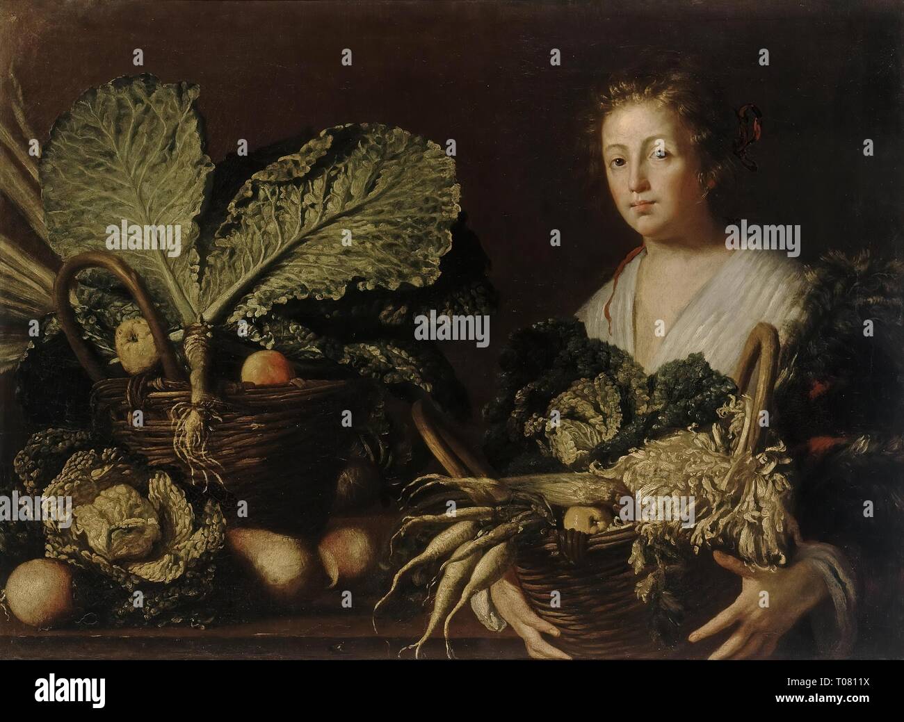 'Woman with Vegetables'. Italy. Dimensions: 100x136 cm. Museum: State Hermitage, St. Petersburg. Author: Strozzi, Bernardo (Il Cappuccino, Il Prete Genovese) (circle of). Stock Photo