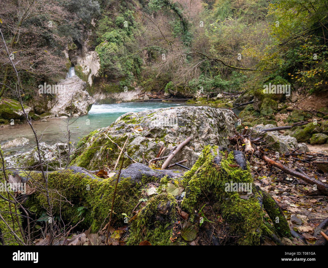 Italy, Lazio, Subiaco, path to the lake and waterfalls of San Benedetto Stock Photo