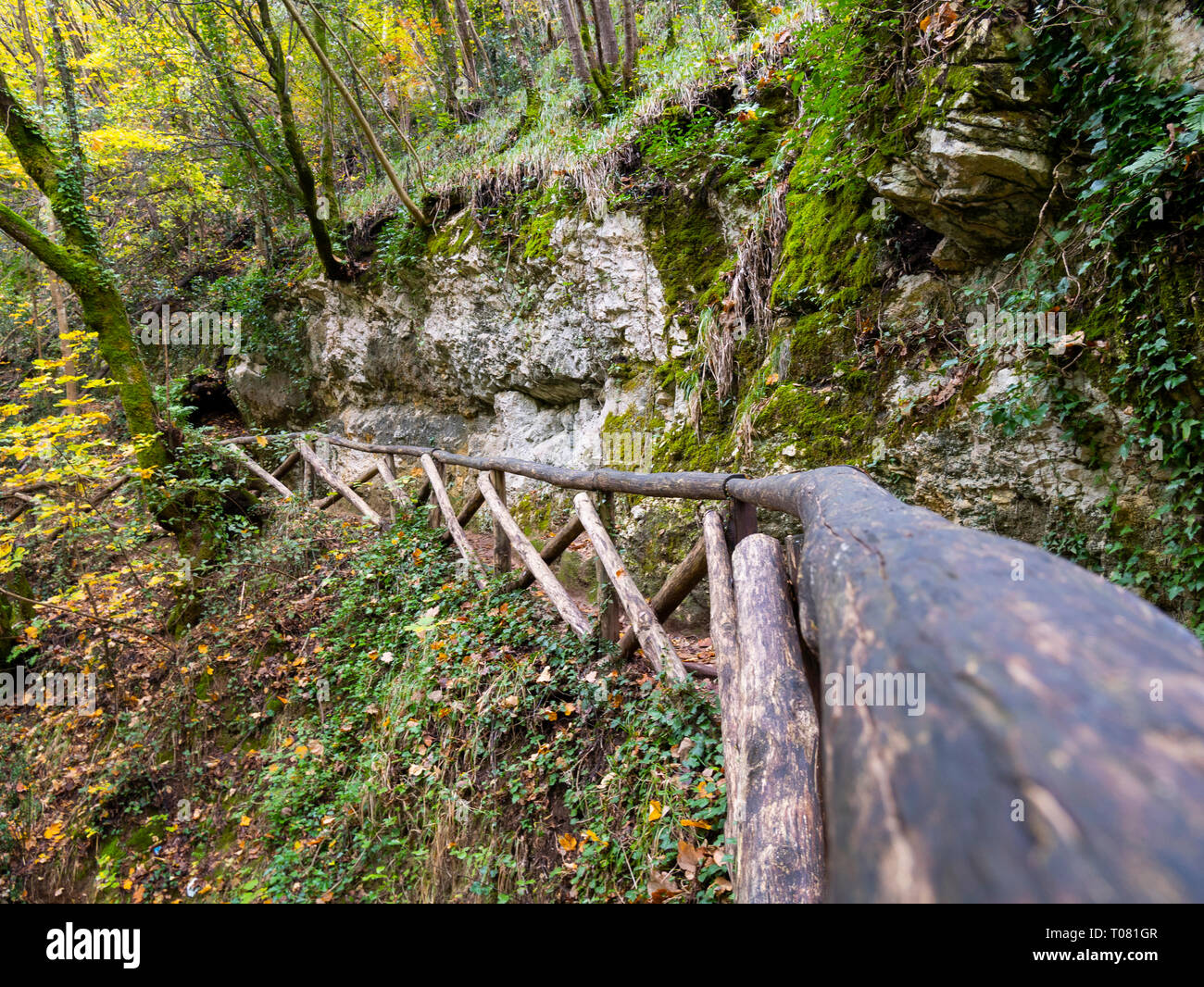Italy, Lazio, Subiaco, path to the lake and waterfalls of San Benedetto Stock Photo