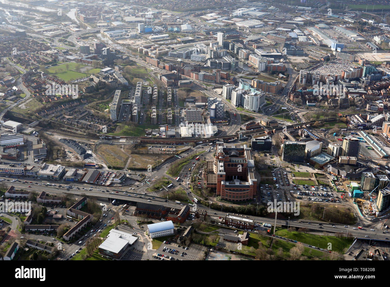 aerial view from over the A64, looking south down the A61 road, Marsh Lane in east Leeds, West Yorkshire, UK Stock Photo