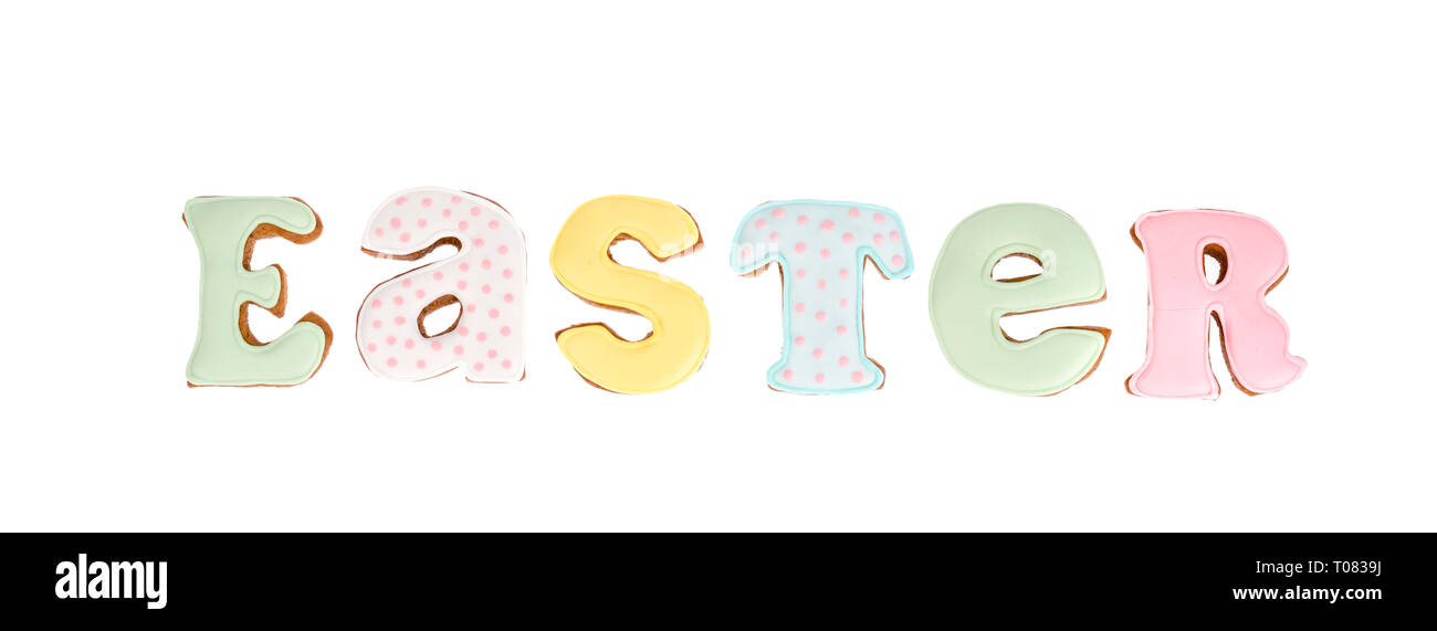 Homemade pastry biscuit letters for EASTER lettering, isolated on white ...