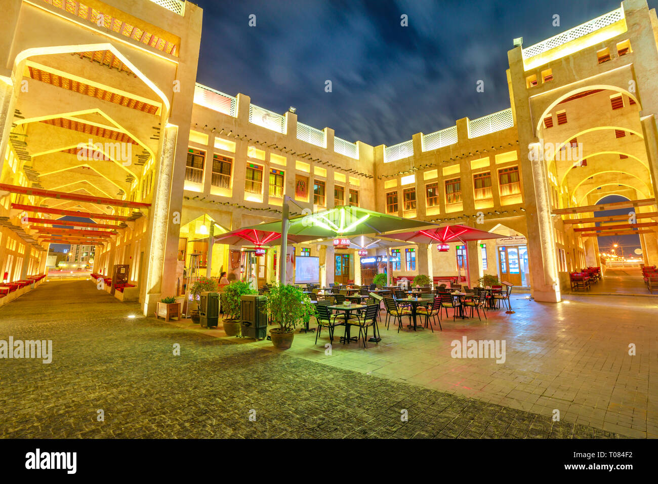 Doha, Qatar - February 18, 2019: historic building of Falcon Souq, a market selling live falcon birds and falconry equipment located in the center of Stock Photo