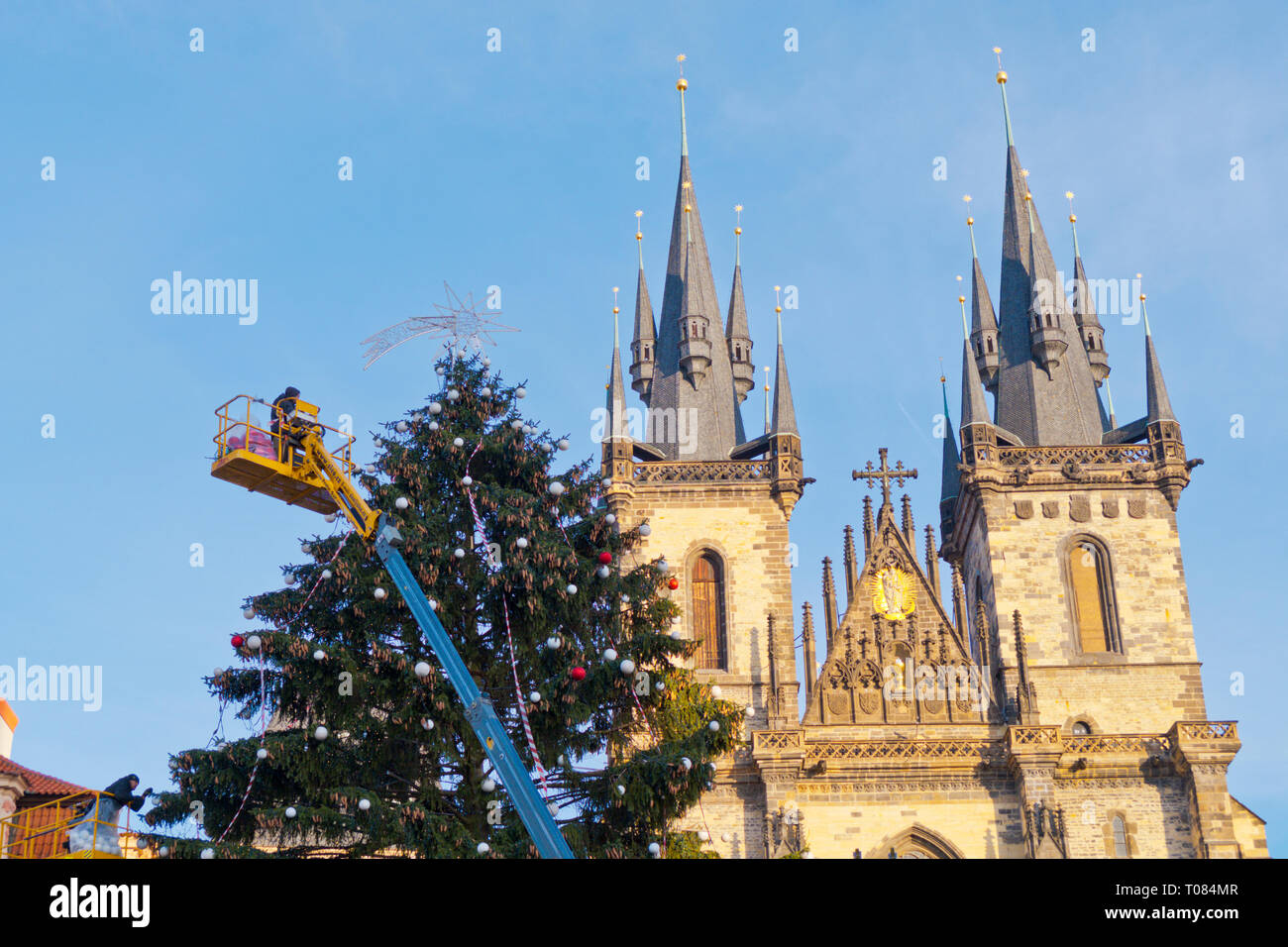Christmas tree being decorated, old town square, Prague, Czech Republic Stock Photo