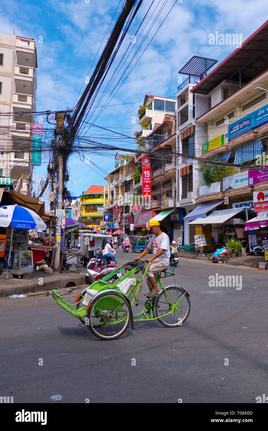 Rickshaw, Street 19, Riverfront area, Phnom Penh, Cambodia, Asia Stock Photo