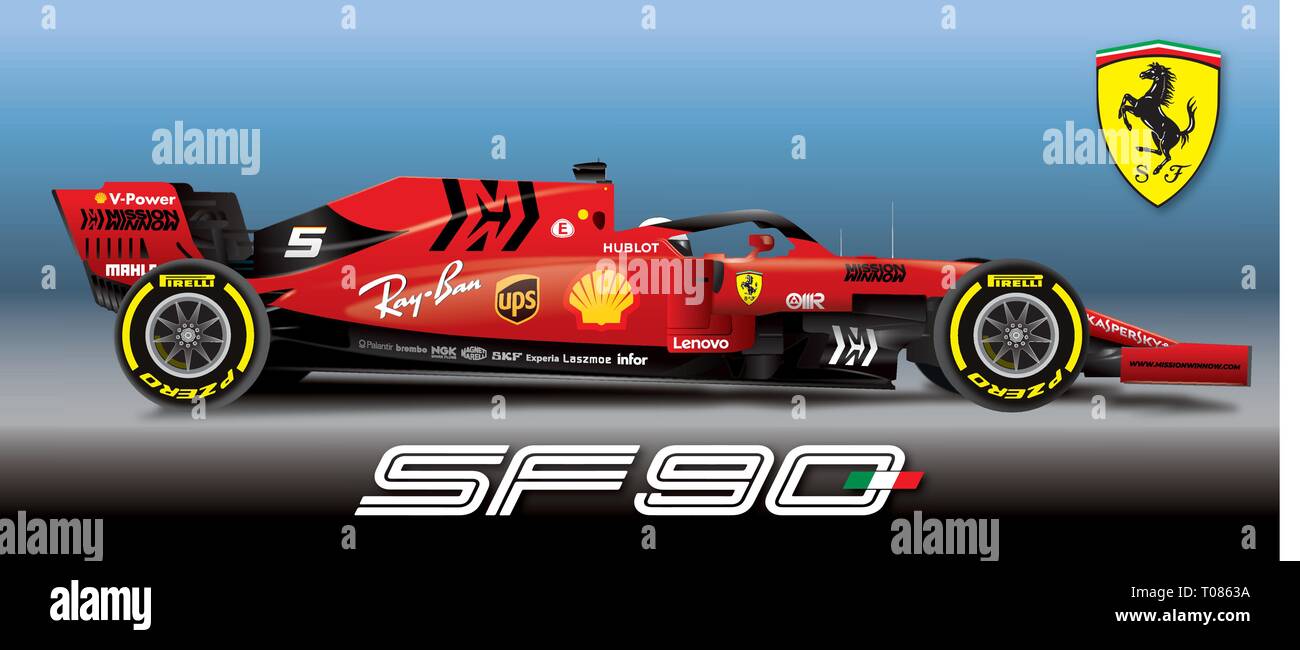 MARANELLO, MODENA, ITALY, YEAR 2019 - Ferrari Formula 1 SF90, editorial Stock Vector