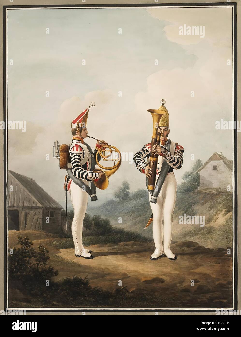 'Musicians of the Life-Guards Pavlovsky Regiment'. Series 'Types of armament and uniform of the Russian Army'. Russia, First quarter of the 19th century. Dimensions: 51x40,2 cm. Museum: State Hermitage, St. Petersburg. Author: Alexander Sauerweid. Stock Photo
