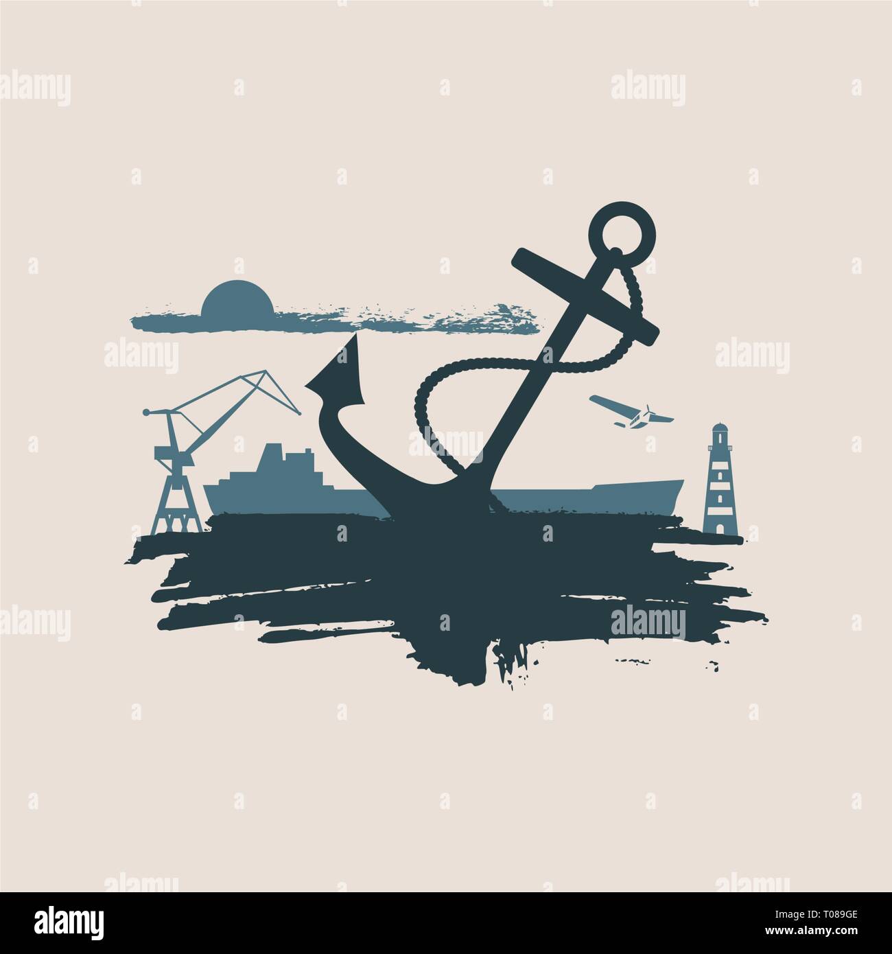 Cargo port relative icons set. Stock Vector