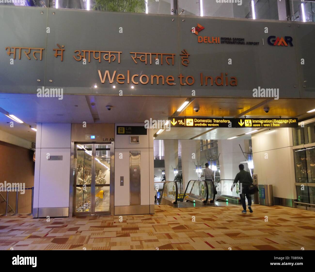 NEW DELHI, INDIA—MARCH 2018: Welcome sign at the arrival area of the Indira Ghandi International Airport in New Delhi. Stock Photo
