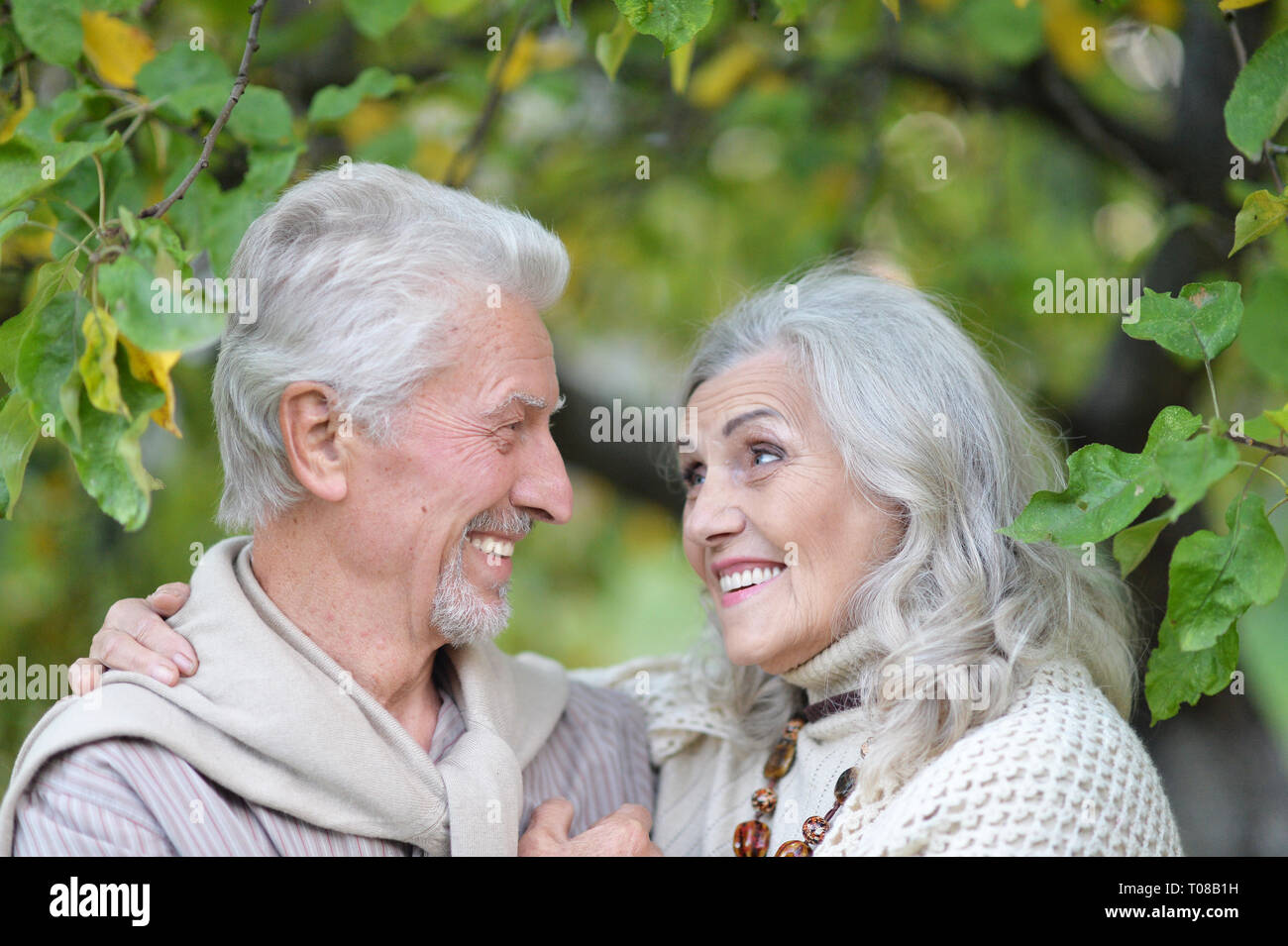 beautiful senior couple hugging in the park, back view Stock Photo - Alamy