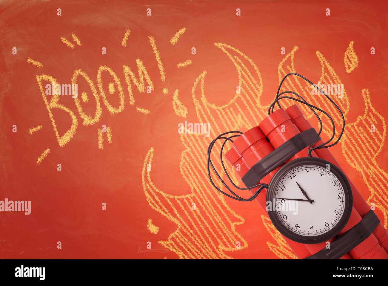 3d rendering of dynamite time bomb with yellow BOOM sign and fire