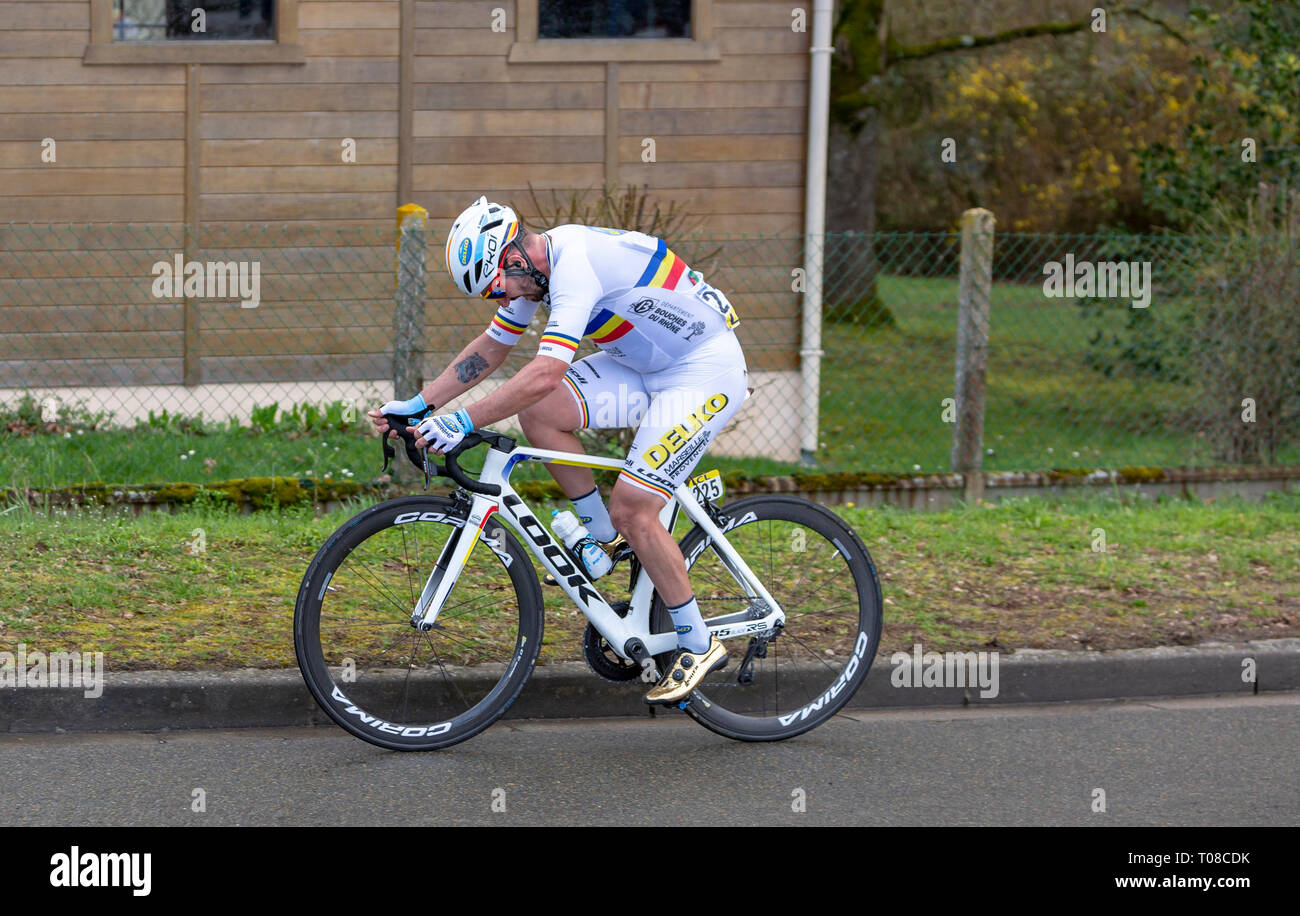 Beulle, France - March 10, 2019: The Romanian cyclist Eduard Grosu of Delko Marseille Provence Team riding on Cote de Beulle during the stage 1 of Par Stock Photo