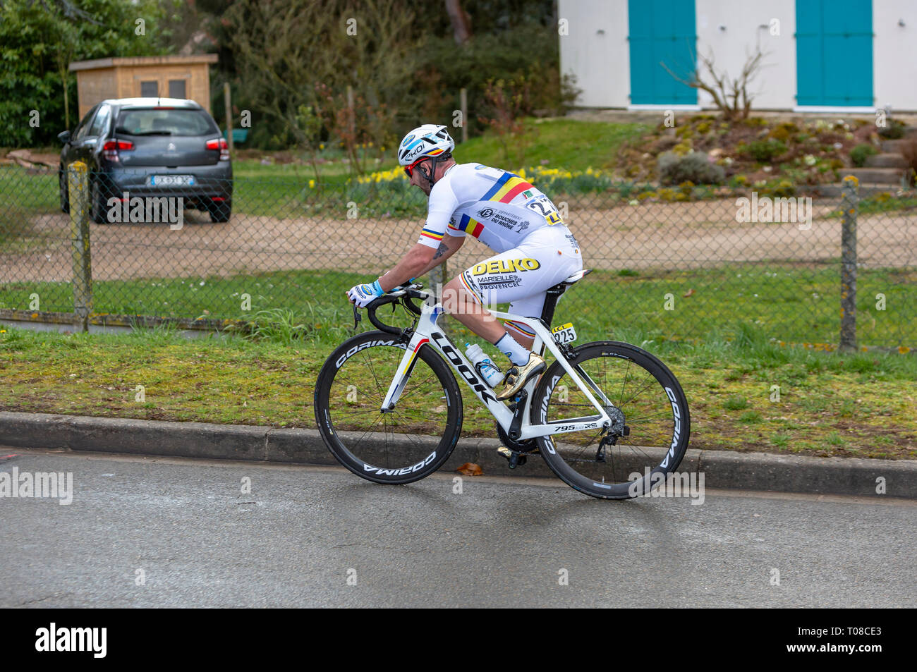 Beulle, France - March 10, 2019: The Romanian cyclist Eduard Grosu of Delko Marseille Provence Team riding on Cote de Beulle during the stage 1 of Par Stock Photo